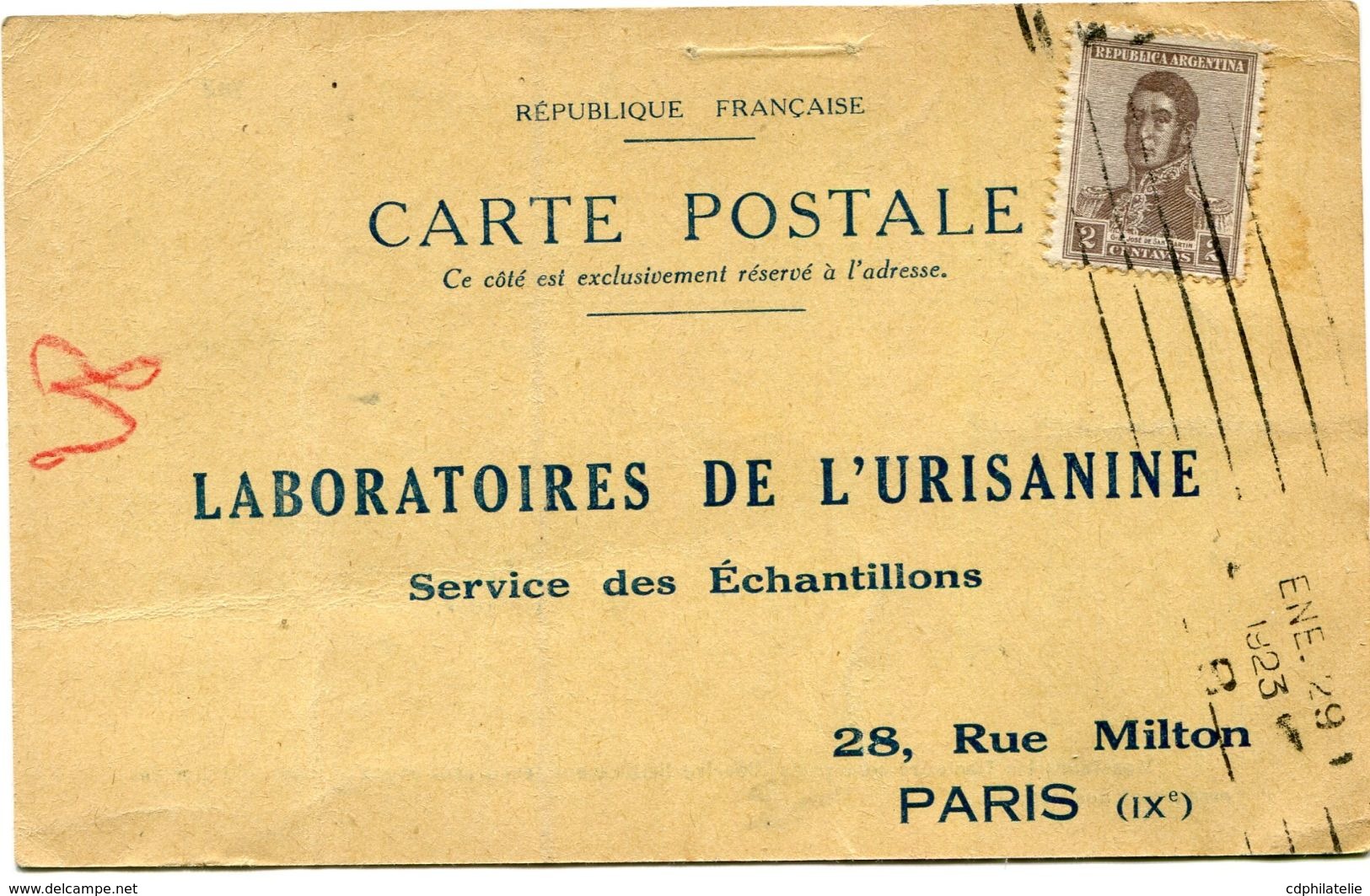 ARGENTINE CARTE POSTALE BON POUR UN FLACON ECHANTILLON D'URISANINE DEPART BUENOS AIRES ENE 29  1923 POUR LA FRANCE - Storia Postale
