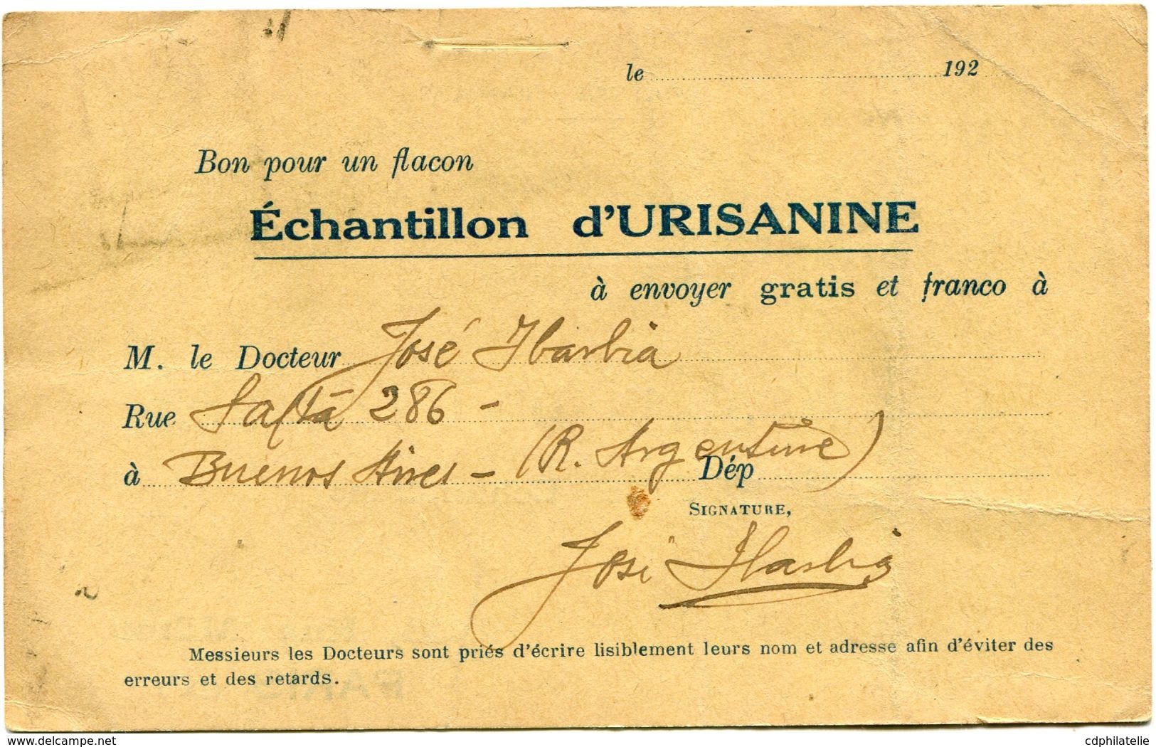 ARGENTINE CARTE POSTALE BON POUR UN FLACON ECHANTILLON D'URISANINE DEPART BUENOS AIRES ENE 29  1923 POUR LA FRANCE - Brieven En Documenten