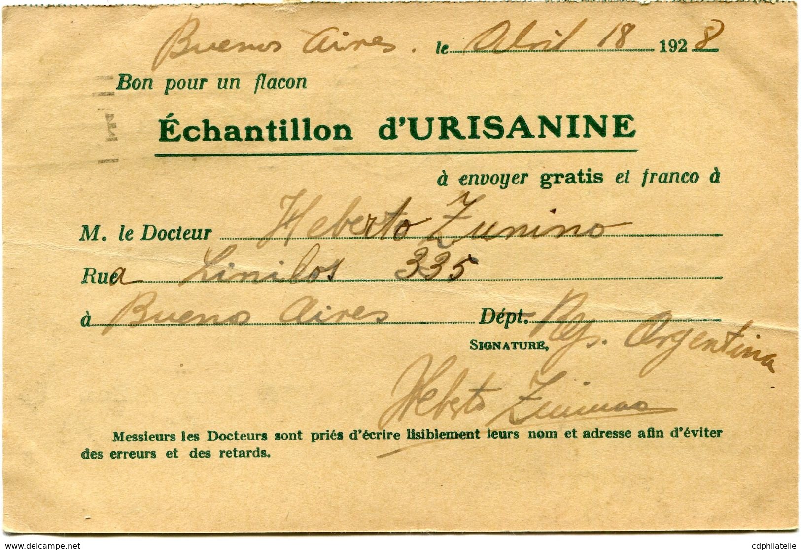 ARGENTINE CARTE POSTALE BON POUR UN FLACON ECHANTILLON D'URISANINE DEPART BUENOS AIRES ABR 18  1928 POUR LA FRANCE - Brieven En Documenten