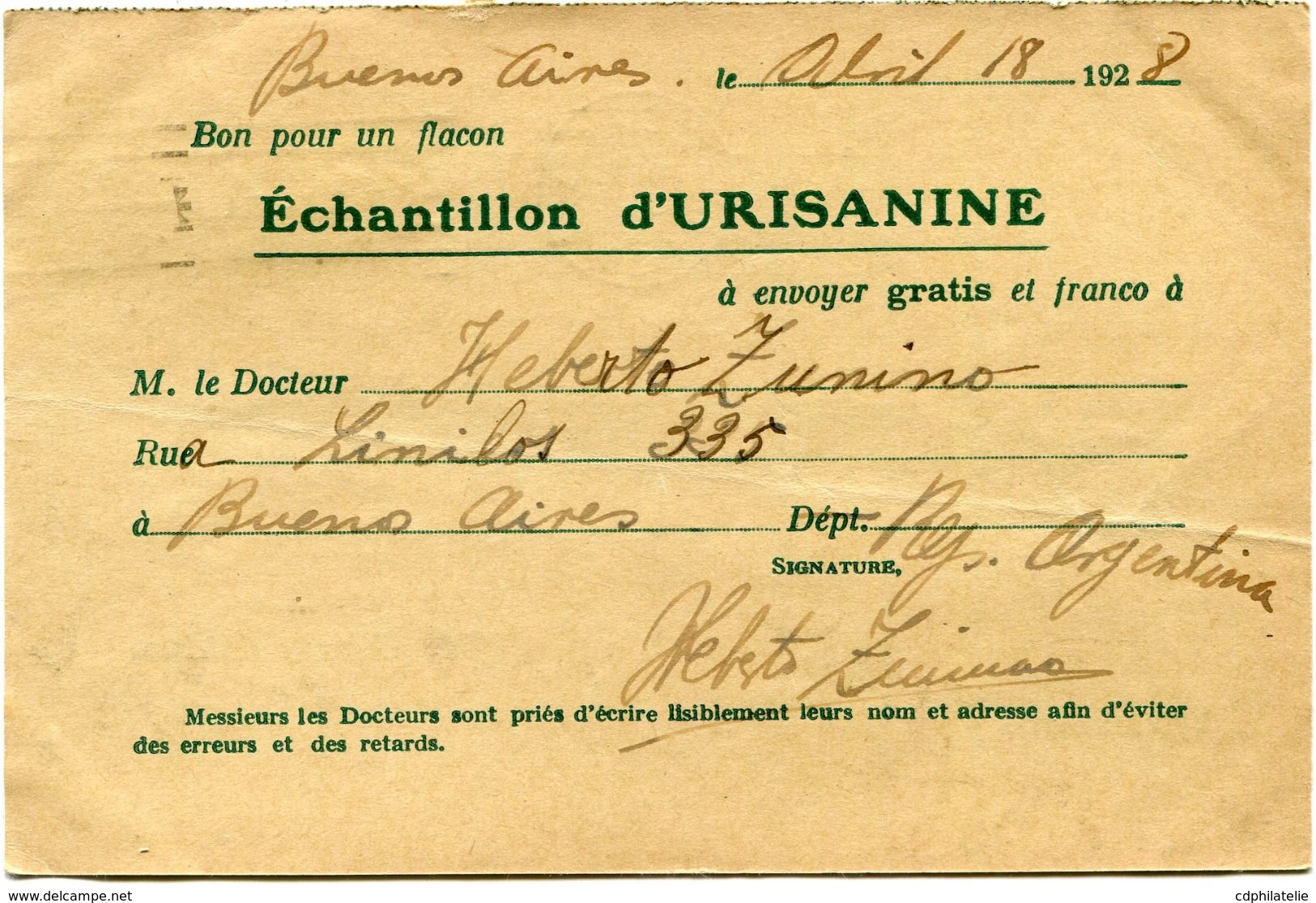 ARGENTINE CARTE POSTALE BON POUR UN FLACON ECHANTILLON D'URISANINE DEPART BUENOS AIRES ABR 18  1928 POUR LA FRANCE - Lettres & Documents