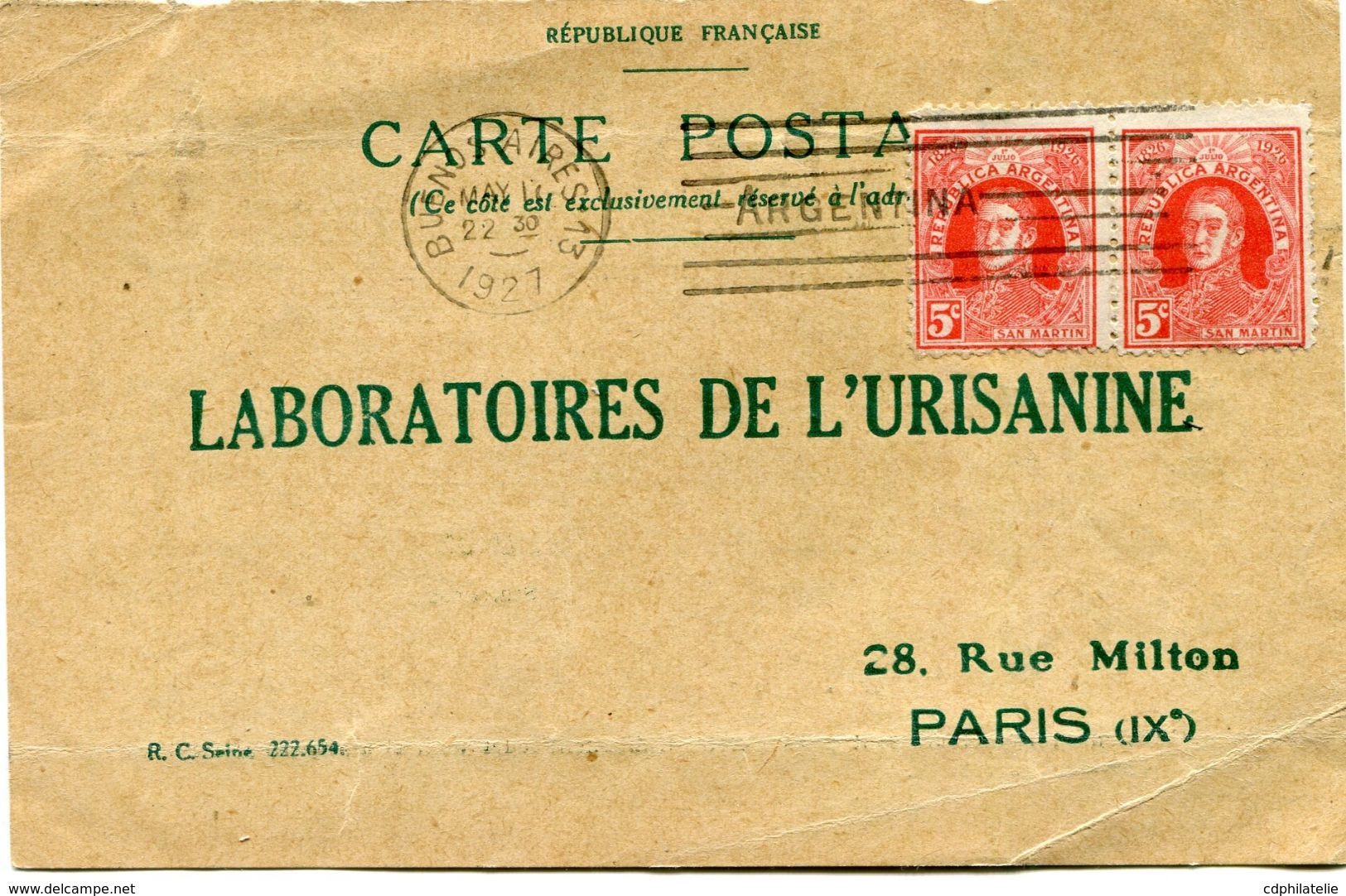 ARGENTINE CARTE POSTALE BON POUR UN FLACON ECHANTILLON D'URISANINE DEPART BUENOS AIRES MAY 17  1927 POUR LA FRANCE - Covers & Documents