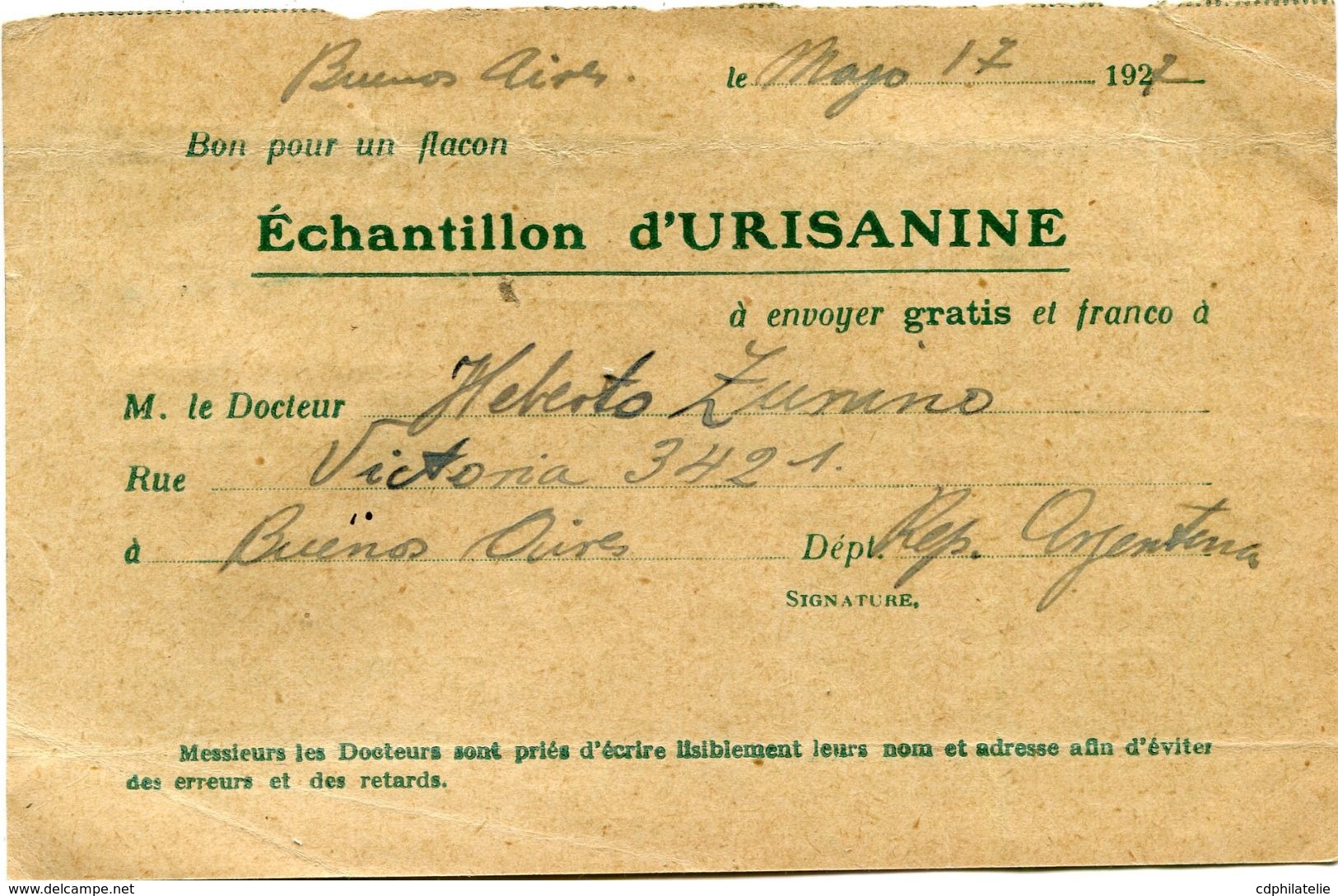 ARGENTINE CARTE POSTALE BON POUR UN FLACON ECHANTILLON D'URISANINE DEPART BUENOS AIRES MAY 17  1927 POUR LA FRANCE - Cartas & Documentos