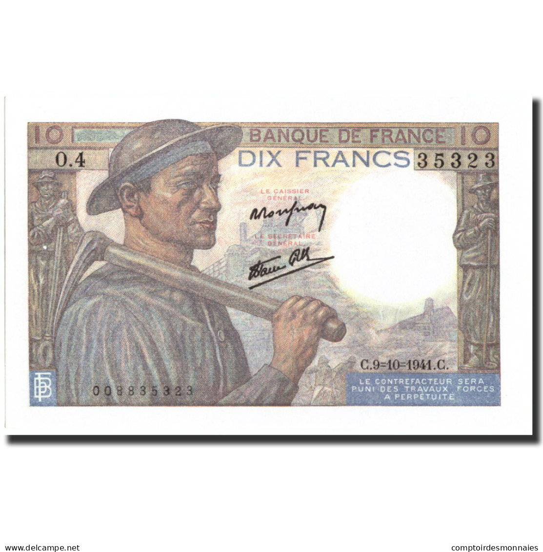 France, 10 Francs, 10 F 1941-1949 ''Mineur'', 1941, 1941-10-09, SPL - 10 F 1941-1949 ''Mineur''