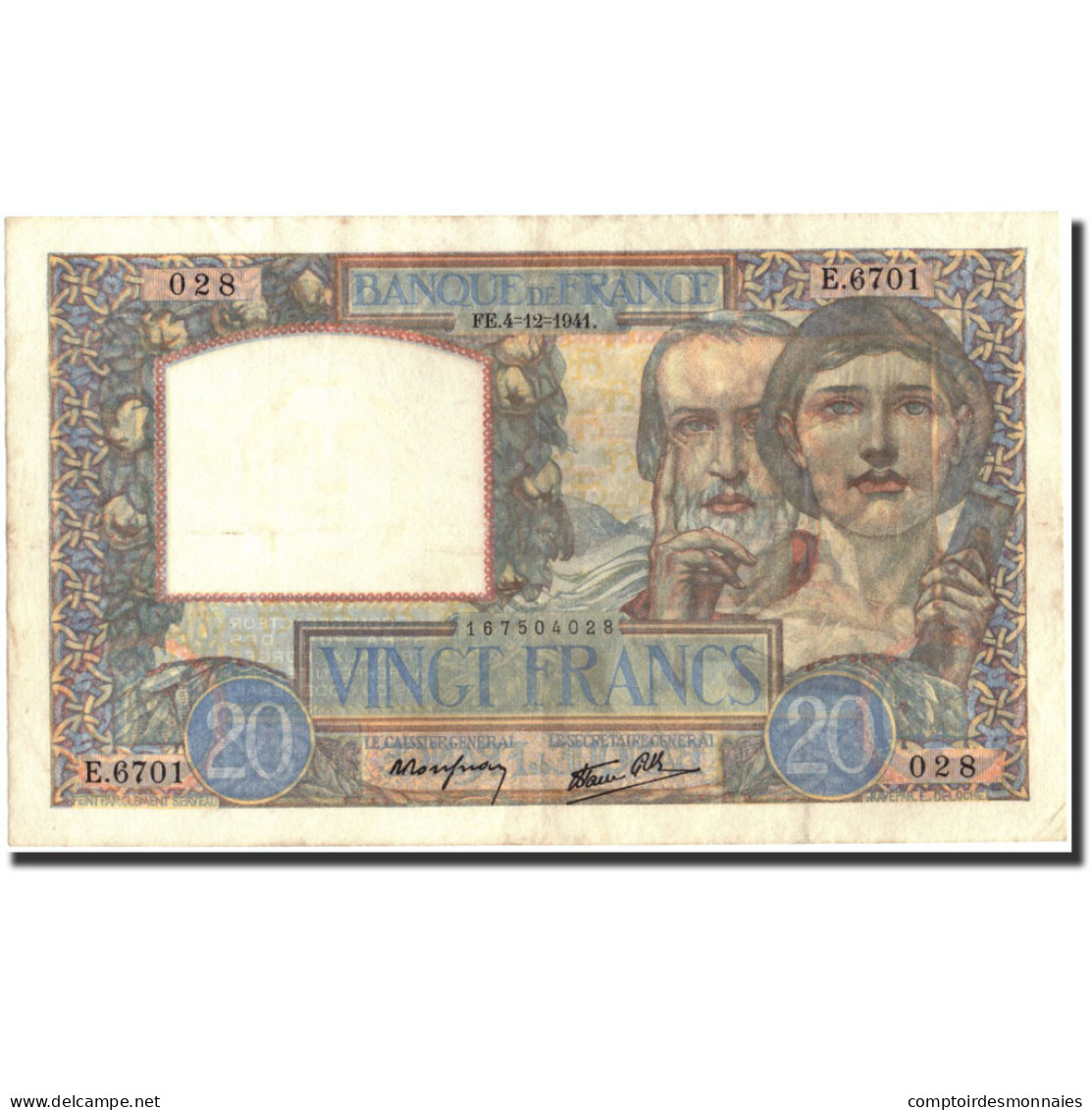 France, 20 Francs, 20 F 1939-1942 ''Science Et Travail'', 1941, 1941-12-04 - 20 F 1939-1942 ''Science Et Travail''