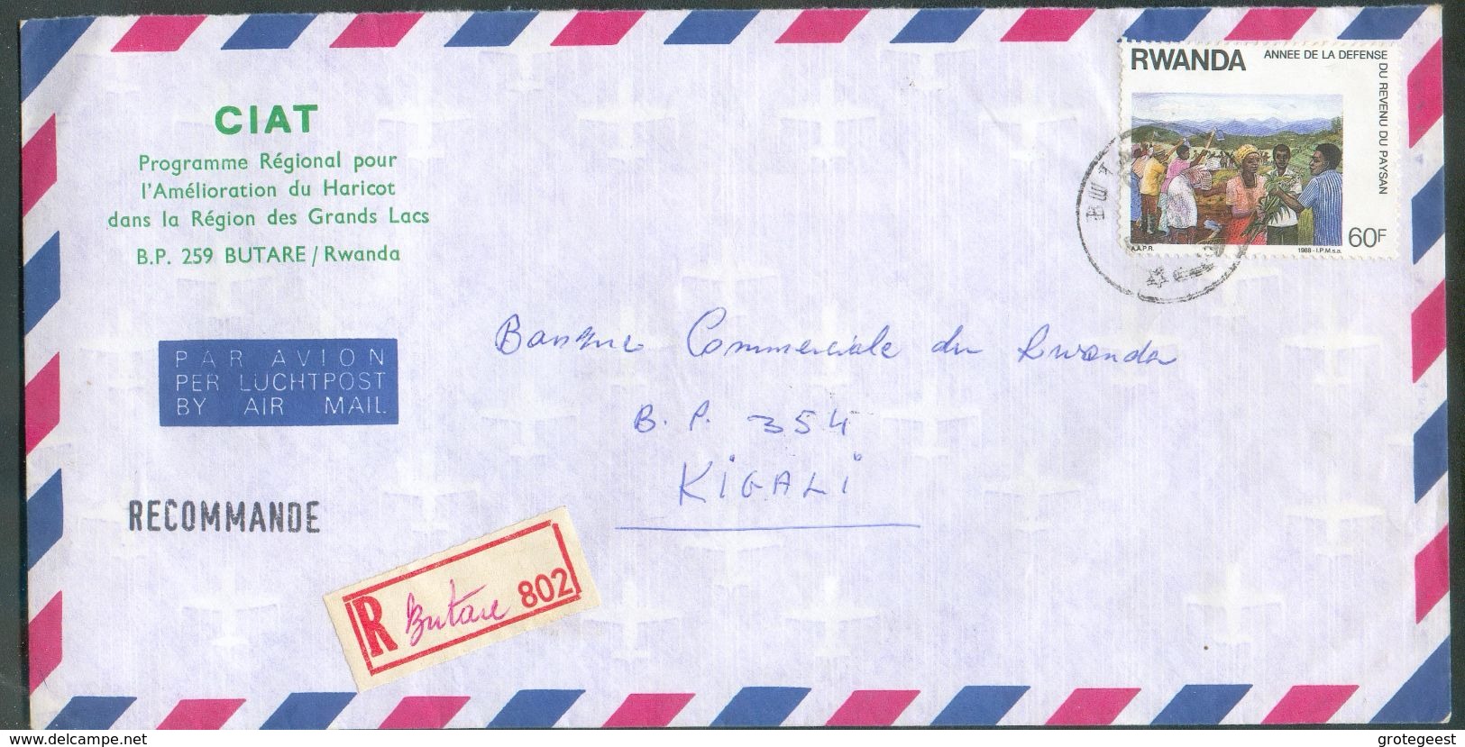 60f. Obl. C BUTARE Sur Lettre Recommandée Du 7/7/1989 Vers Kigali -  12496 - Autres & Non Classés