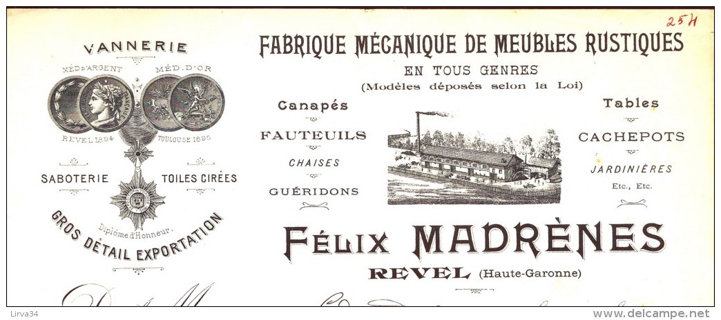 2 FACTURES+ LETTRE ANCIENNES DE REVEL- 1897- FABRIQUE DE MEUBLES- BELLE ILLUSTRATION- USINE- MEDAILLES- 3 SCANS- - Sonstige & Ohne Zuordnung