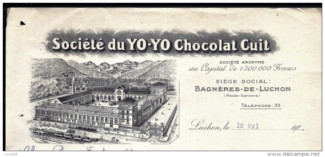 FACTURE OU LETTRE ANCIENNE DE BAGNERES-DE-LICHON- 1923 - CHOCOLAT CUIT- BELLE ILLUSTRATION- 2 SCANS- - Alimentaire