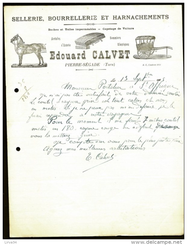 FACTURE OU LETTRE ANCIENNE DE PIERRE-SÉGADE- 1905- SELLERIE-BOURELLERIE- HARNACHEMENT- BELLE ILLUSTRATION- 2 SCANS- - Altri & Non Classificati