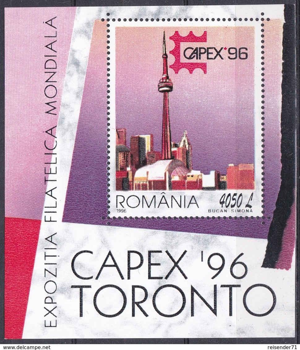 Rumänien Romania 1996, Postwesen Philatelie Briefmarkenausstellung CAPEX Toronto Fernsehturm, Bl. 301 ** - Ungebraucht