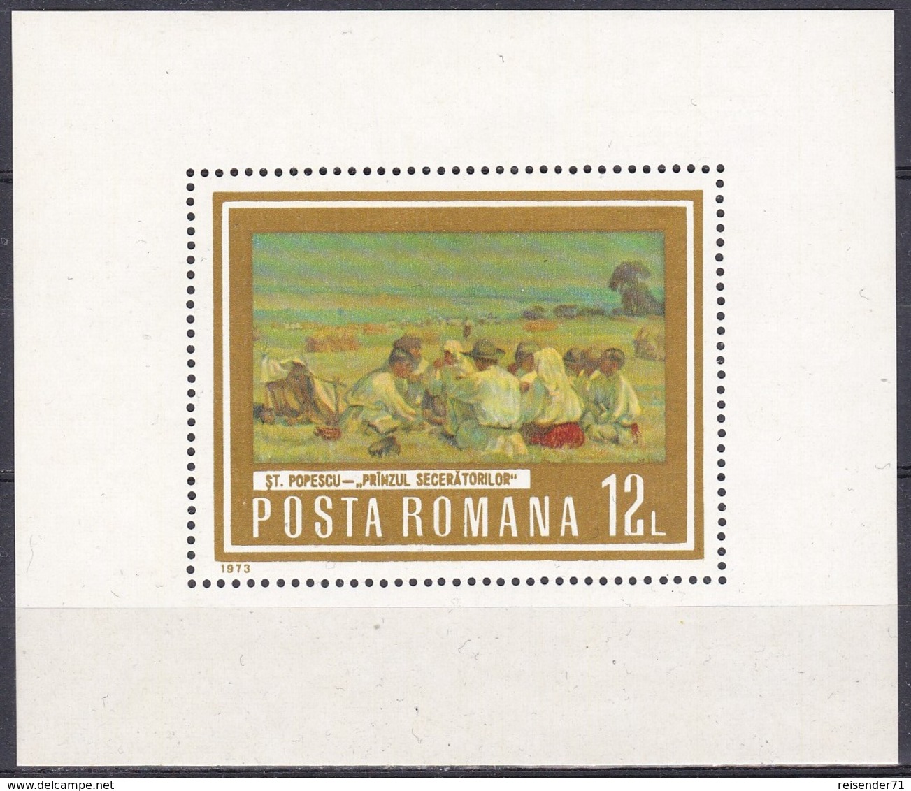 Rumänien Romania 1973 Kunst Kultur Gemälde Paintings Popescu Arbeitswelt Mittagsmahl Schnitter, Bl. 109 ** - Ungebraucht