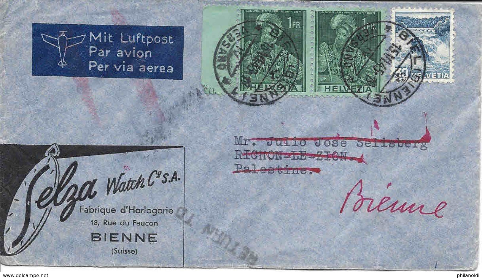 SUISSE PALESTINE 1945 Lettre Par Avion 2 X 1 Fr + 30 C., Bienne Biel Pour RICHON-LE-ZION, Retour Returned To SWITZERLAND - Brieven En Documenten