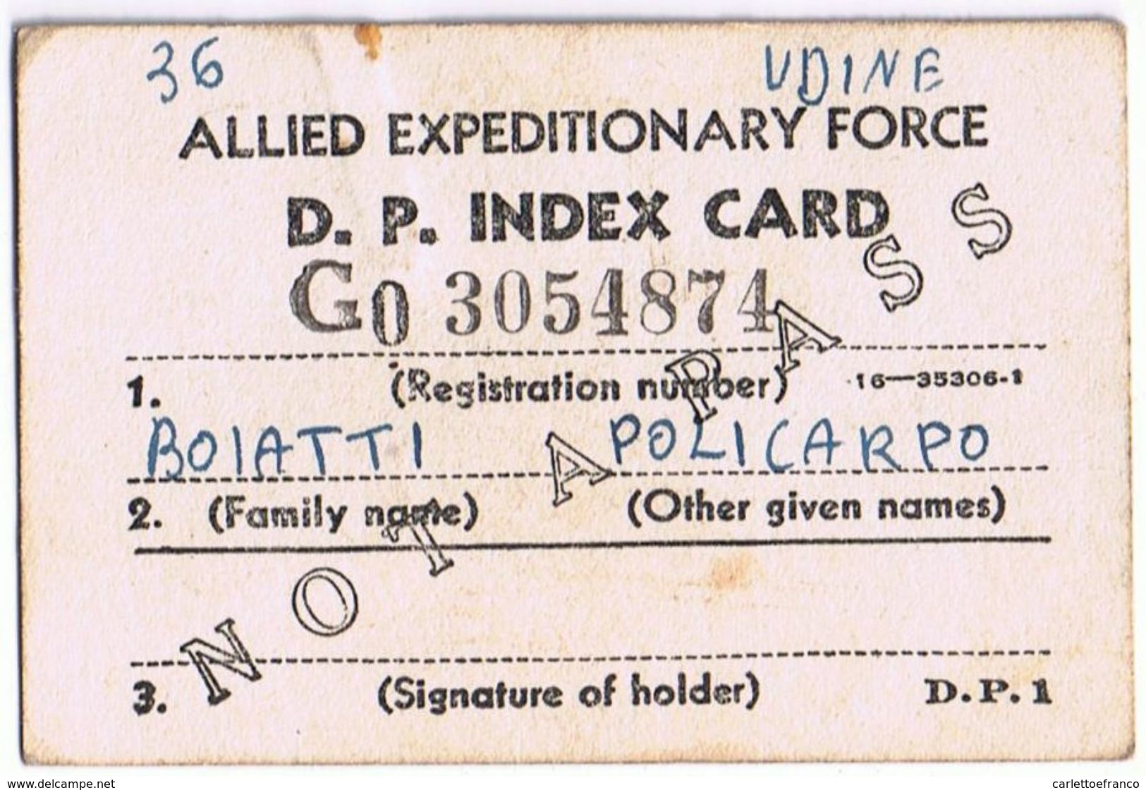 Cartellino Accompagnatorio Di Rientro Prigioniero Di Guerra - Allied Expeditionary Force-D.P. Index Card - Sonstige & Ohne Zuordnung