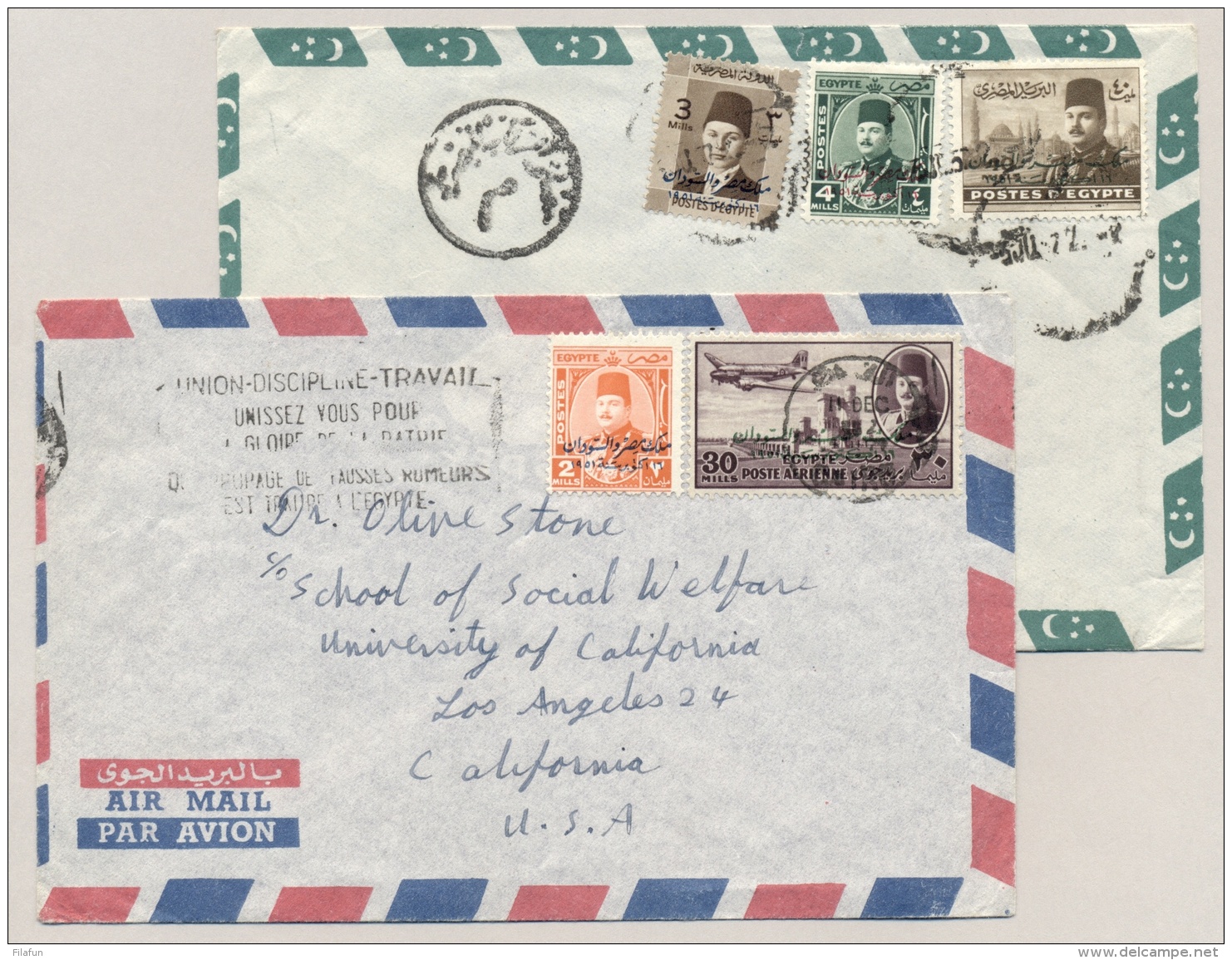 Egypt - 1952 -5 Different Overprinted Stamps On 2 Covers To USA And To NL - Brieven En Documenten