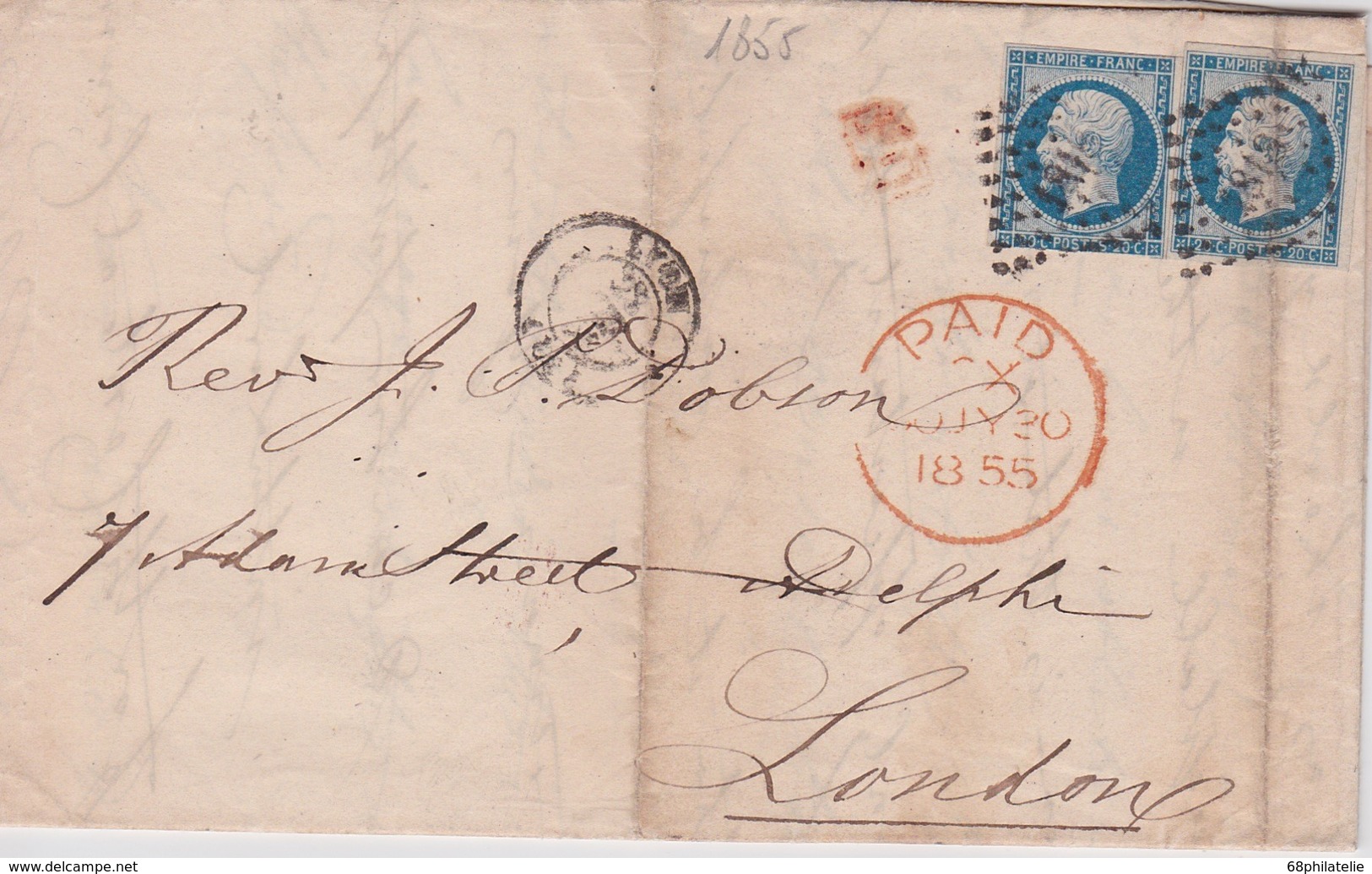 FRANCE  1855 LETTRE DE LYON POUR LONDRES TAXEE - 1849-1876: Klassik