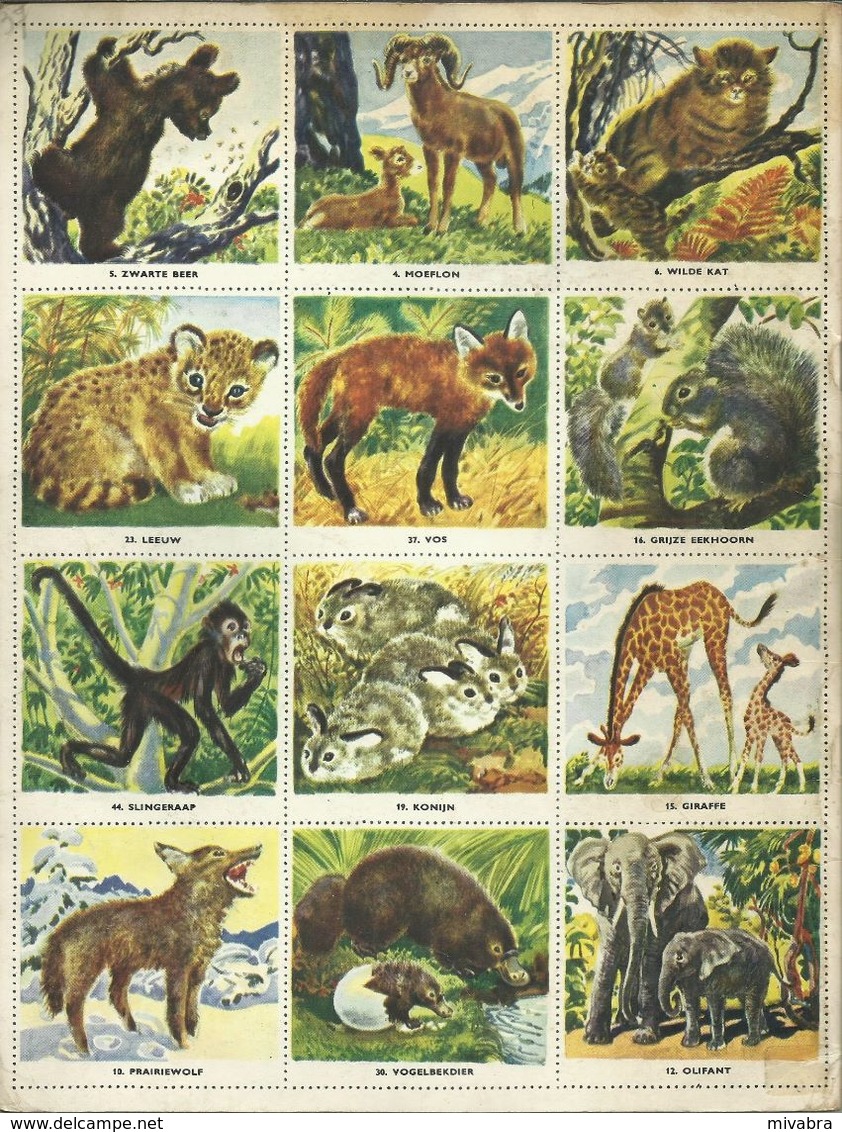 ENCYCLOPEDIE IN ZEGELS N° 20 WILDE DIEREN EN HUN JONGEN ( NIJLPAARD OLIFANT ZEBRA BIZON GIRAF VOS TIJGER LEEUW ...) 1958 - Encyclopedia