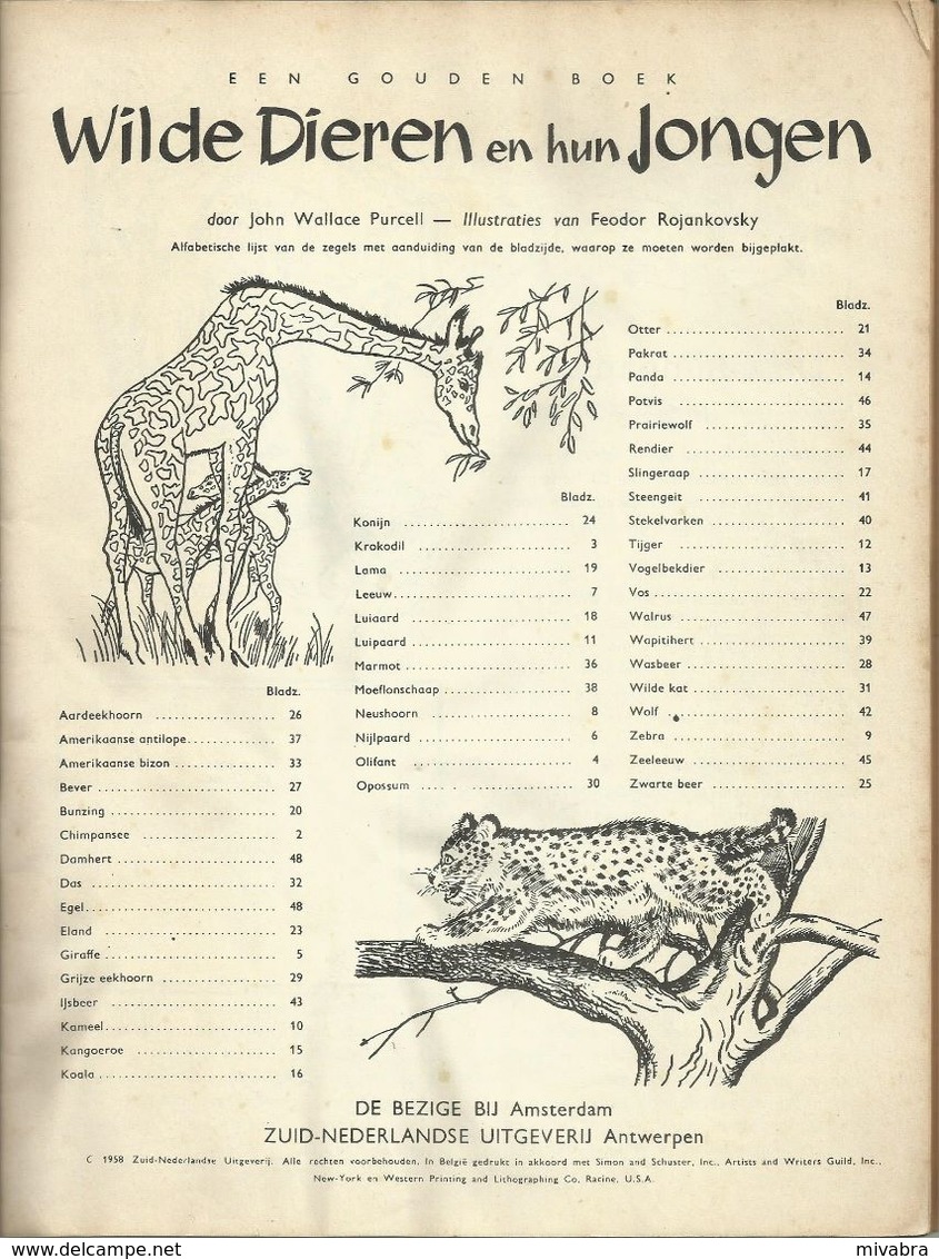ENCYCLOPEDIE IN ZEGELS N° 20 WILDE DIEREN EN HUN JONGEN ( NIJLPAARD OLIFANT ZEBRA BIZON GIRAF VOS TIJGER LEEUW ...) 1958 - Encyclopedieën