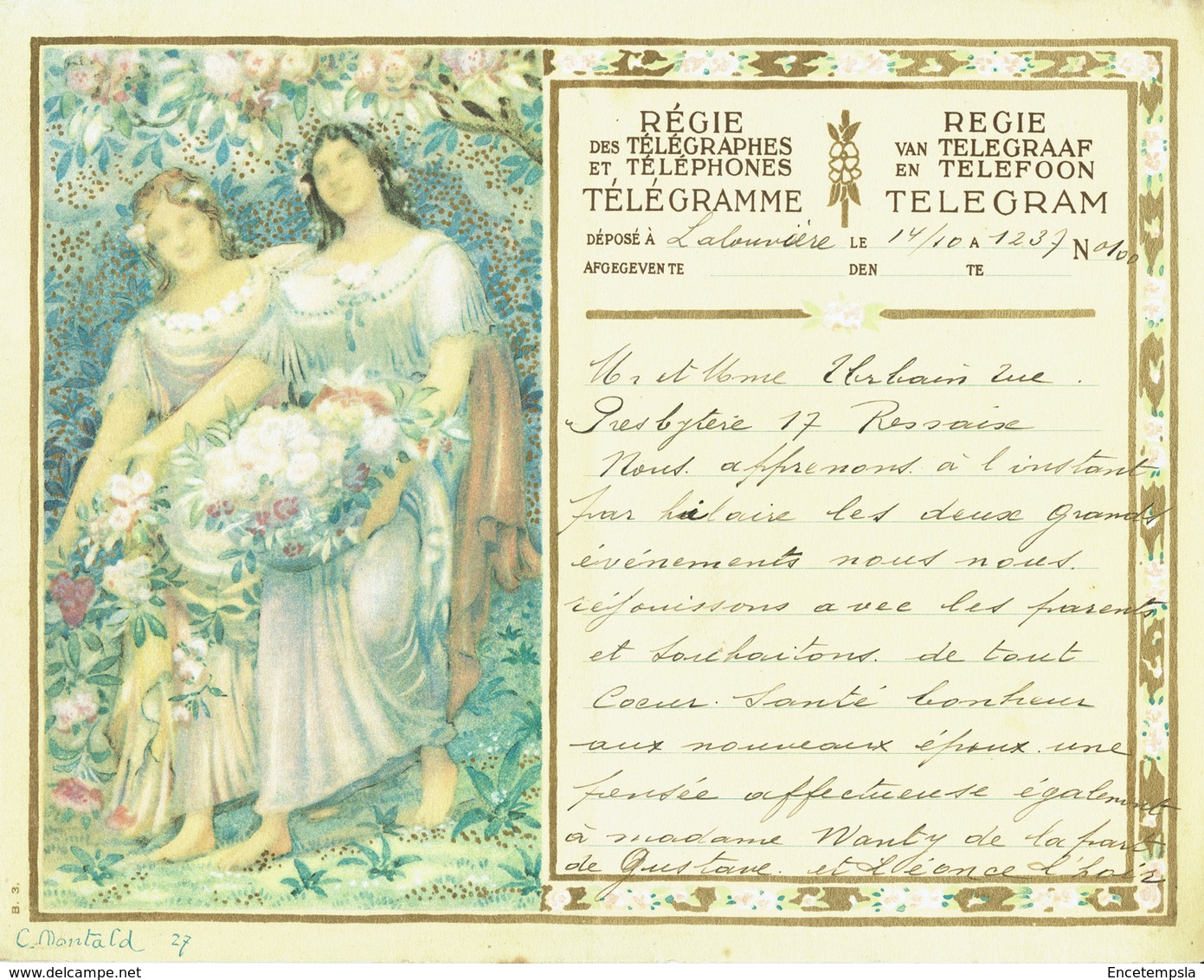 Télégramme En Couleur De 1937 De La Régie Des Télégraphes  & Téléphones De Belgique - Félicitation Pour Un Mariage (T1) - Wedding