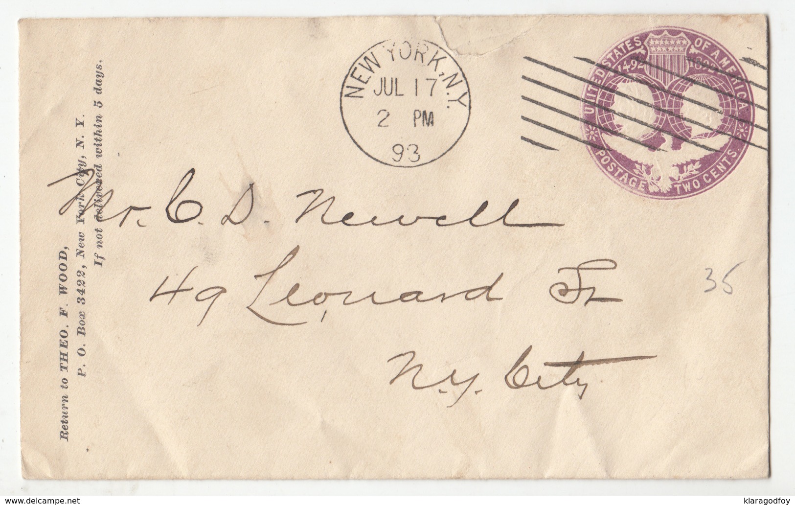 USA, Theo F. Wood Postal Stationery Letter Cover Travelled 1893 New York Pmk B180122 - ...-1900