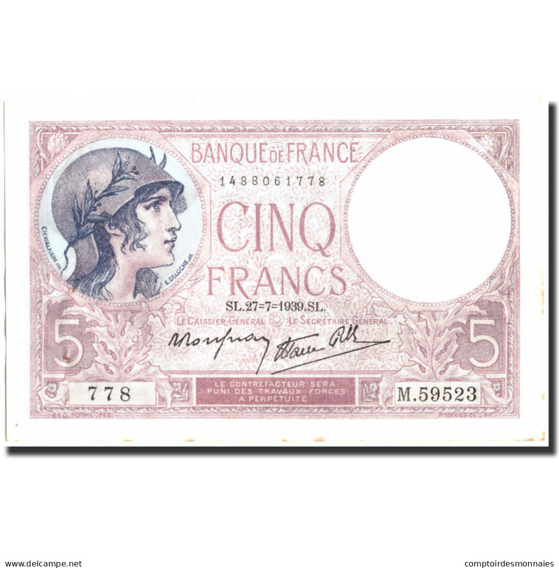 France, 5 Francs, 5 F 1917-1940 ''Violet'', 1939, 1939-07-27, SUP, Fayette:4.3 - 5 F 1917-1940 ''Violet''