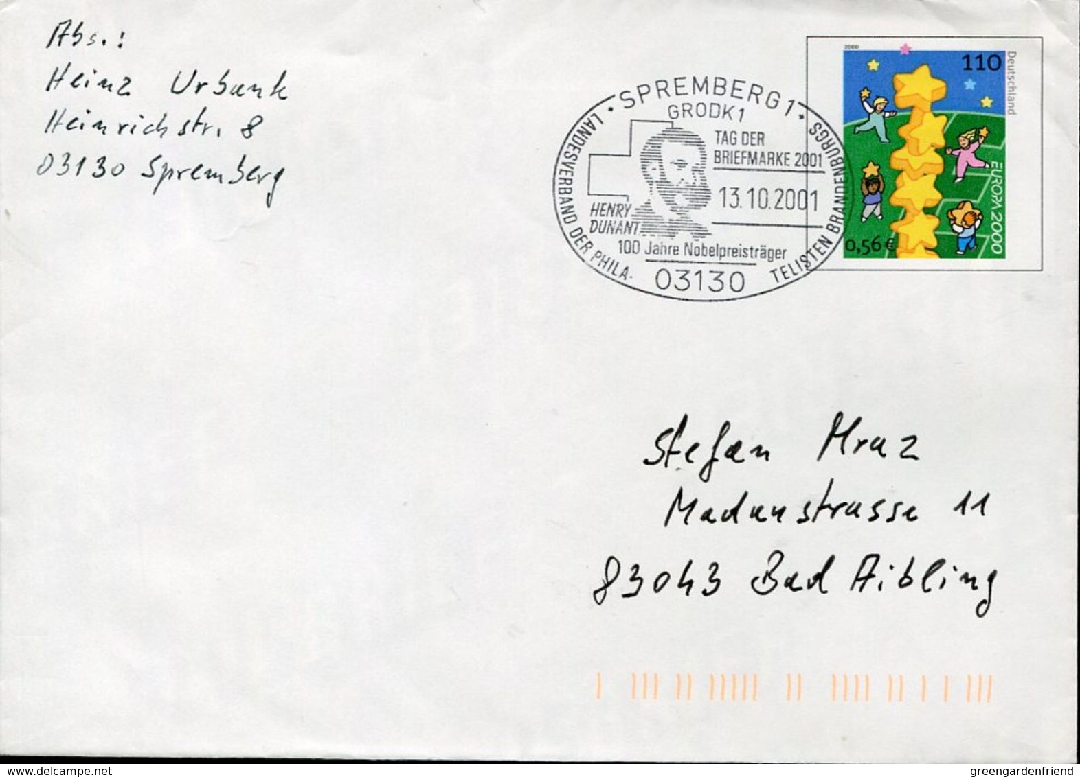 30204 Germany Special Postmark 2001 Spremberg, Henry Dunant  Red Cross  Croix Rouge, Nobel Prize - Henry Dunant