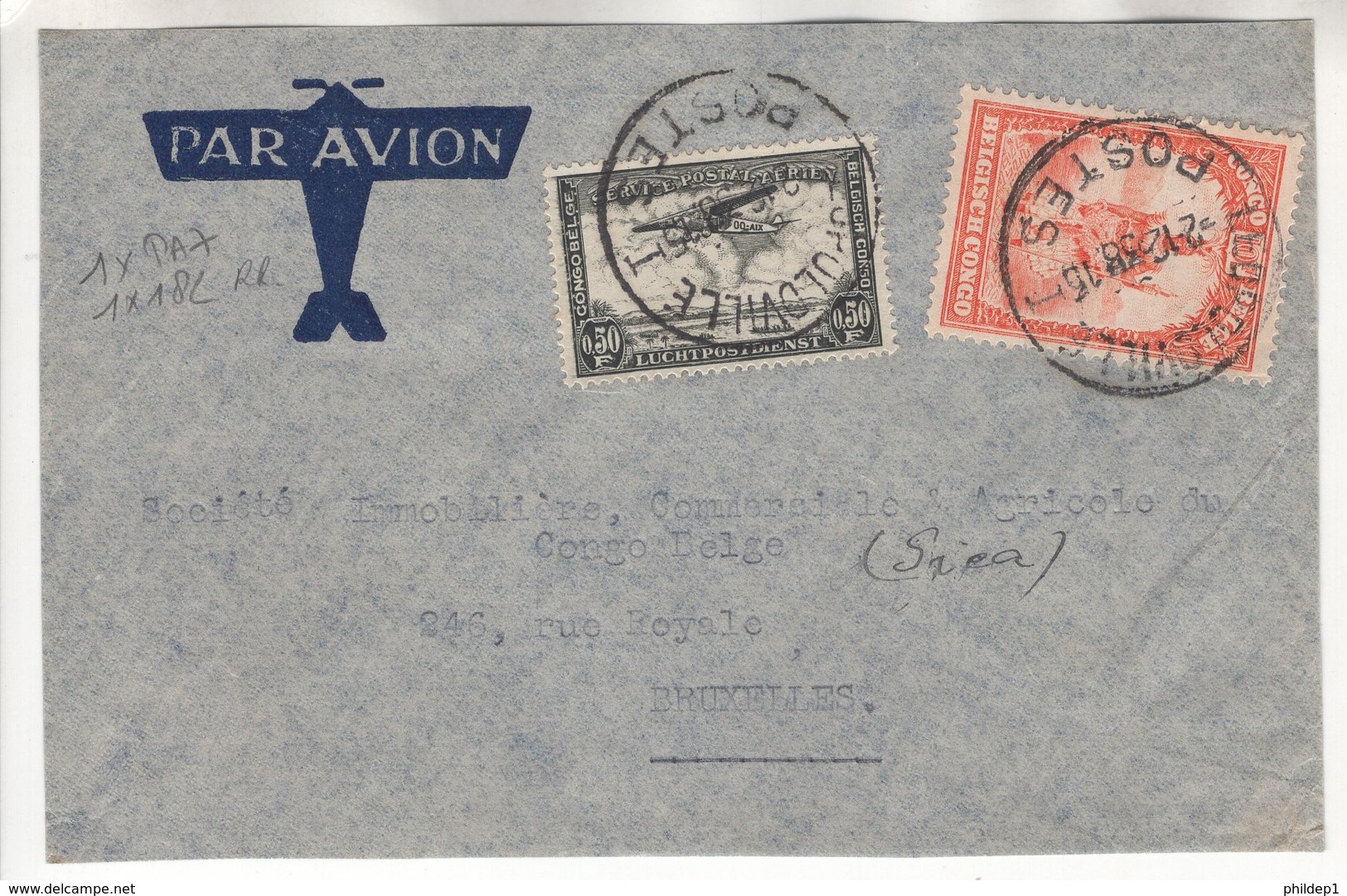 Congo Belge. Devant De Lettre Par Avion. COB. PA7 Et N°182 (RR ??) - Lettres & Documents