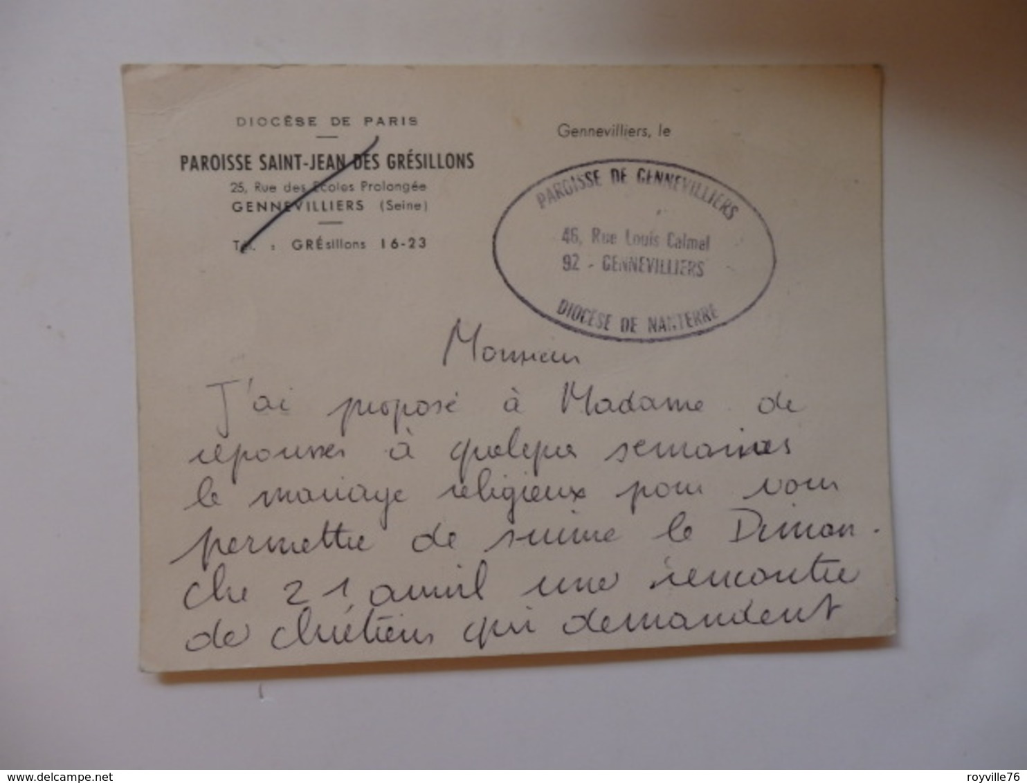 Carte Du Diocèse De Paris. Paroisse Saint-Jean-Des-Grésillons 25, Rue Des écoles Prolongée à Gennevilliers (92). - Religion & Esotérisme