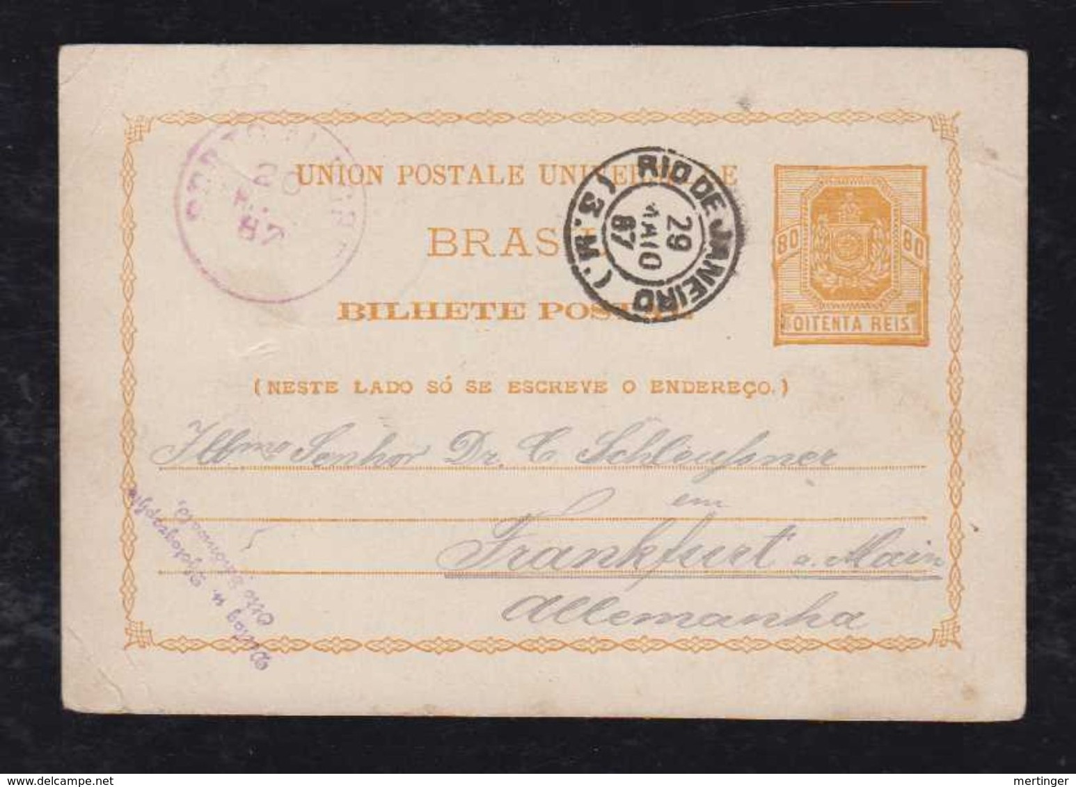 Brazil Brasil 1887 BP 5 80R Armas Stationery Card SAO LEOPOLDO Via PORTO ALEGRE To FRANKFURT Germany - Postal Stationery