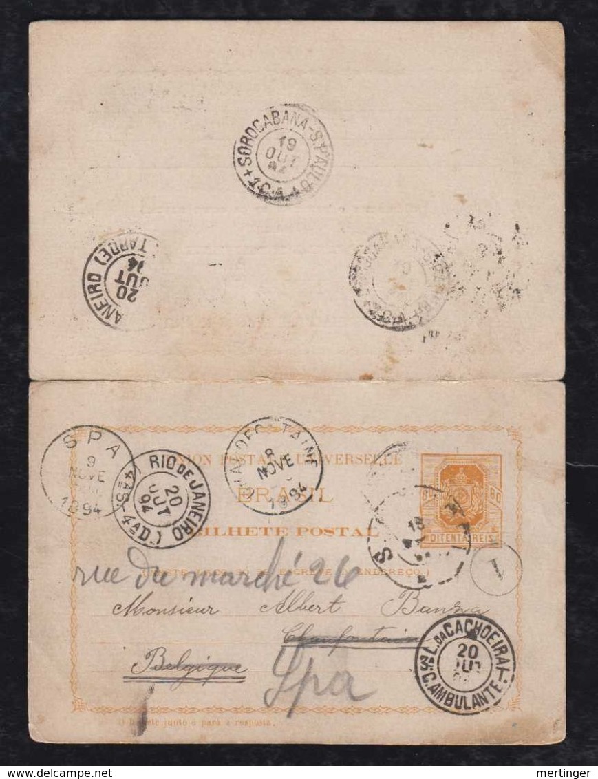 Brazil Brasil 1894 BP 8 Answer Stationery Card S. MANOEL To SPA Belgium - Postal Stationery