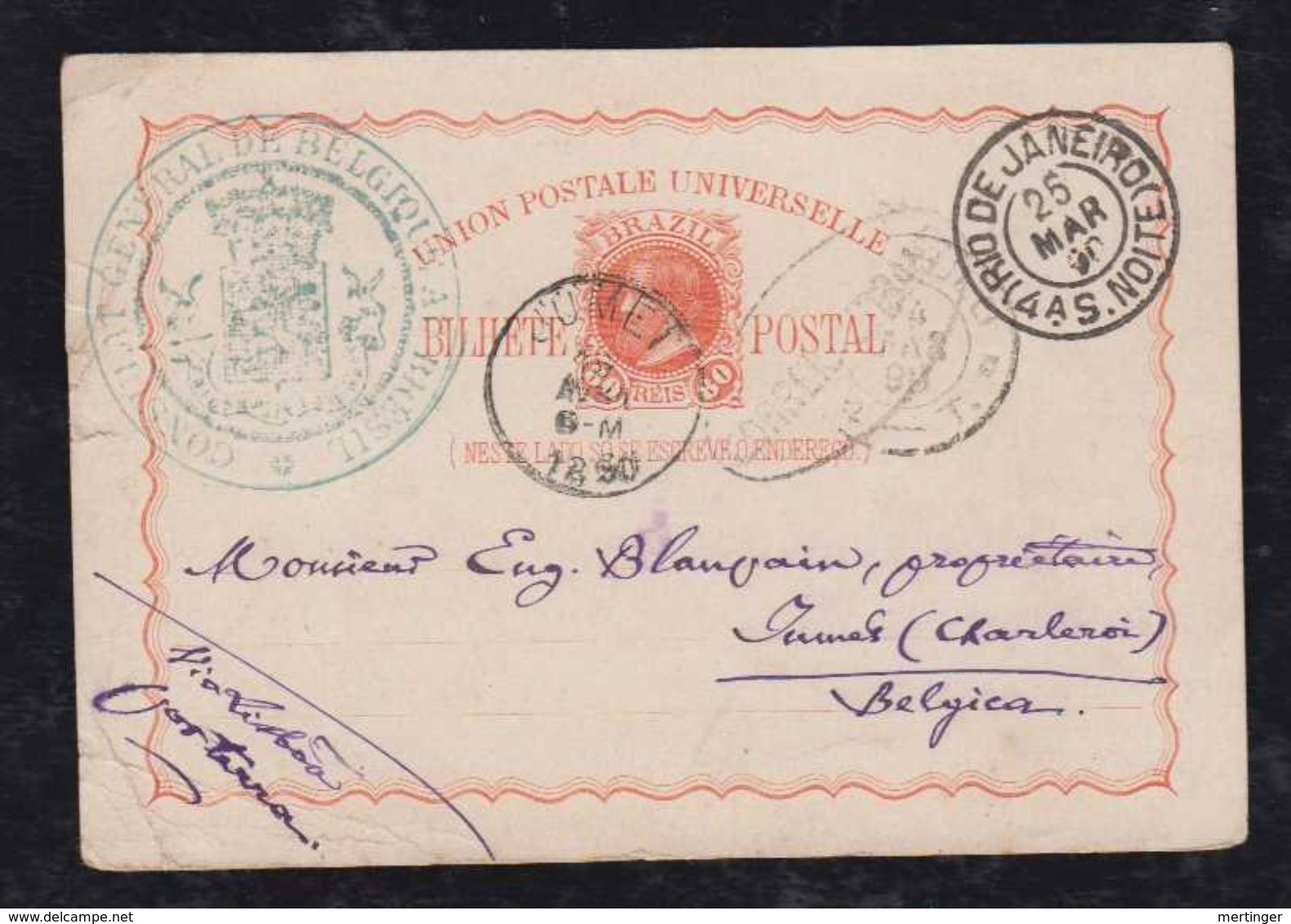 Brazil Brasil 1890 BP 10 80R Dom Pedro Stationery Card SAO PAULO To JUMET Belgium - Entiers Postaux