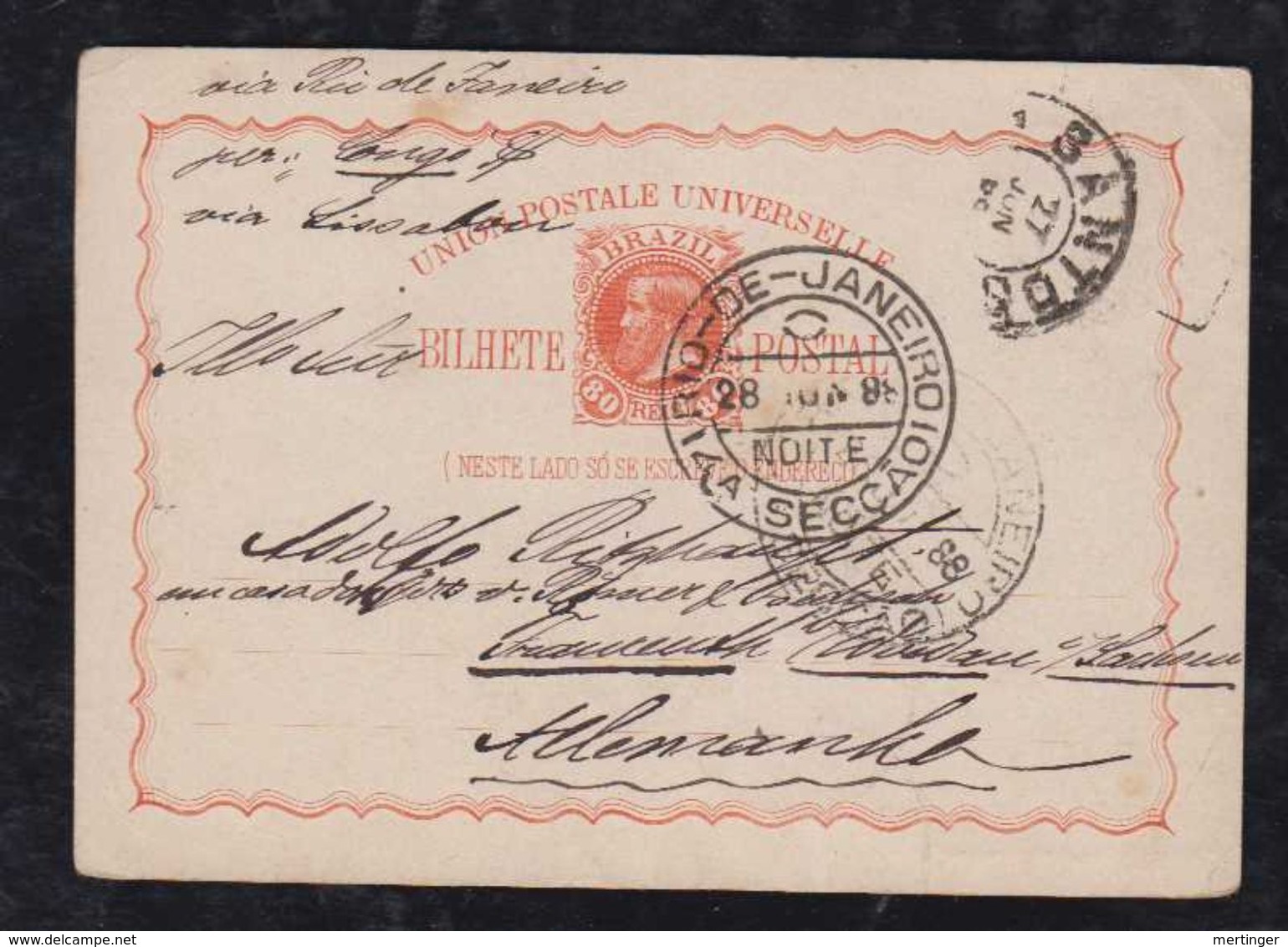 Brazil Brasil 1888 BP 10 80R Dom Pedro Stationery Card SANTOS To Germany - Ganzsachen