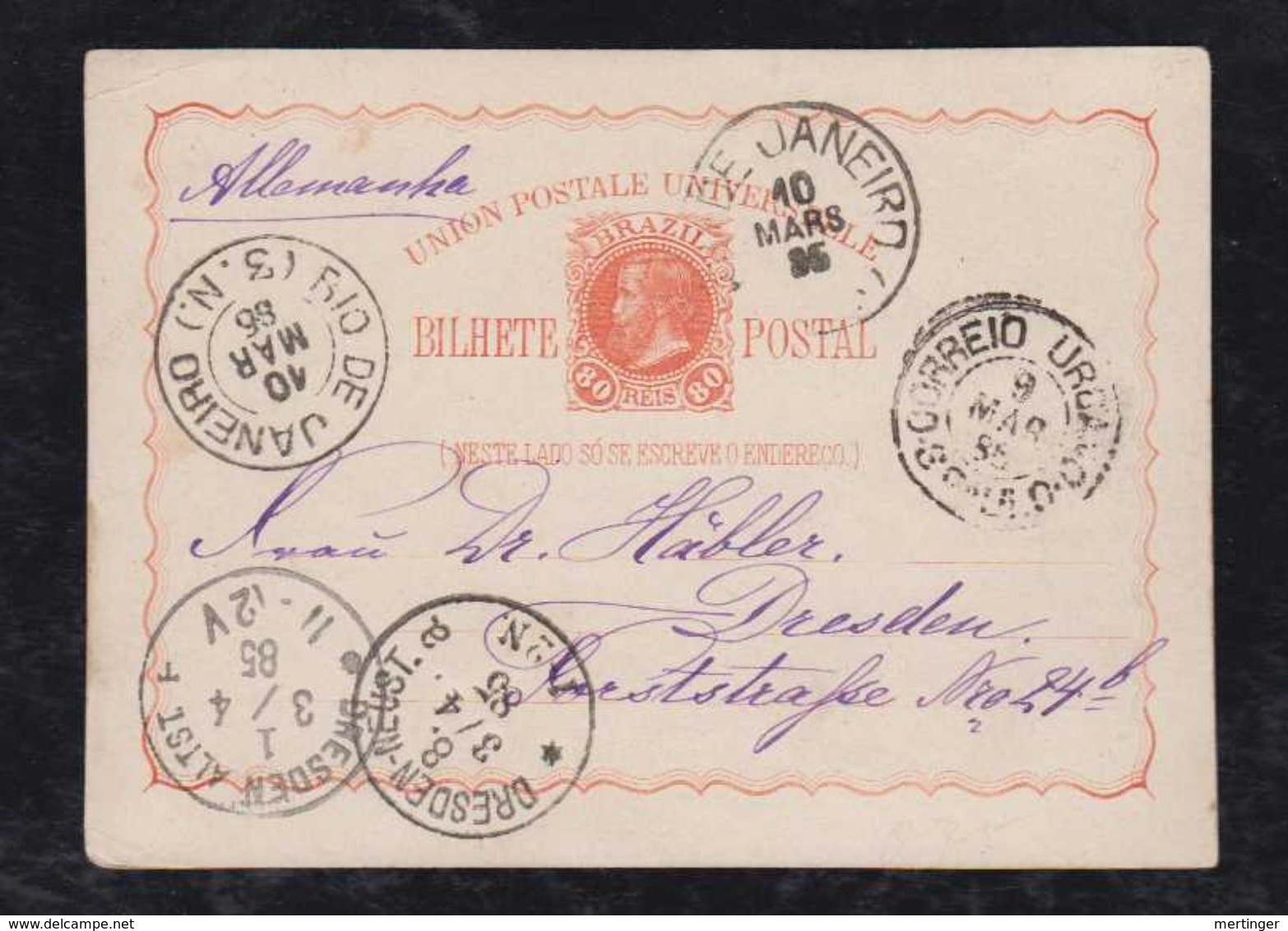 Brazil Brasil 1885 BP 10 80R Dom Pedro Stationery Card SAO PAULO CORREIO URBANO To DRESDEN Germany Attractive - Postal Stationery