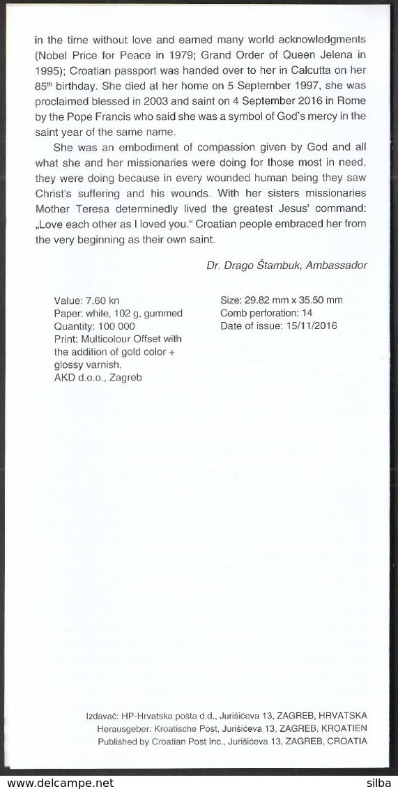 Croatia 2016 / Prospectus, Leaflet, Brochure / Proclamation Of Mother Teresa As A Saint - Croatie