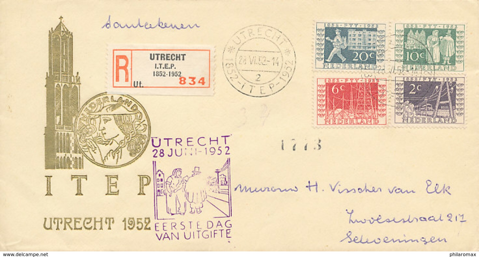 DC-0783 - 1952 NETHERLANDS FDC HERDENKINGSZEGELS ITEP - CRÈMEKLEURIG COVER - BESCHR. O/K - AANTEKENSTROOKJE - FDC