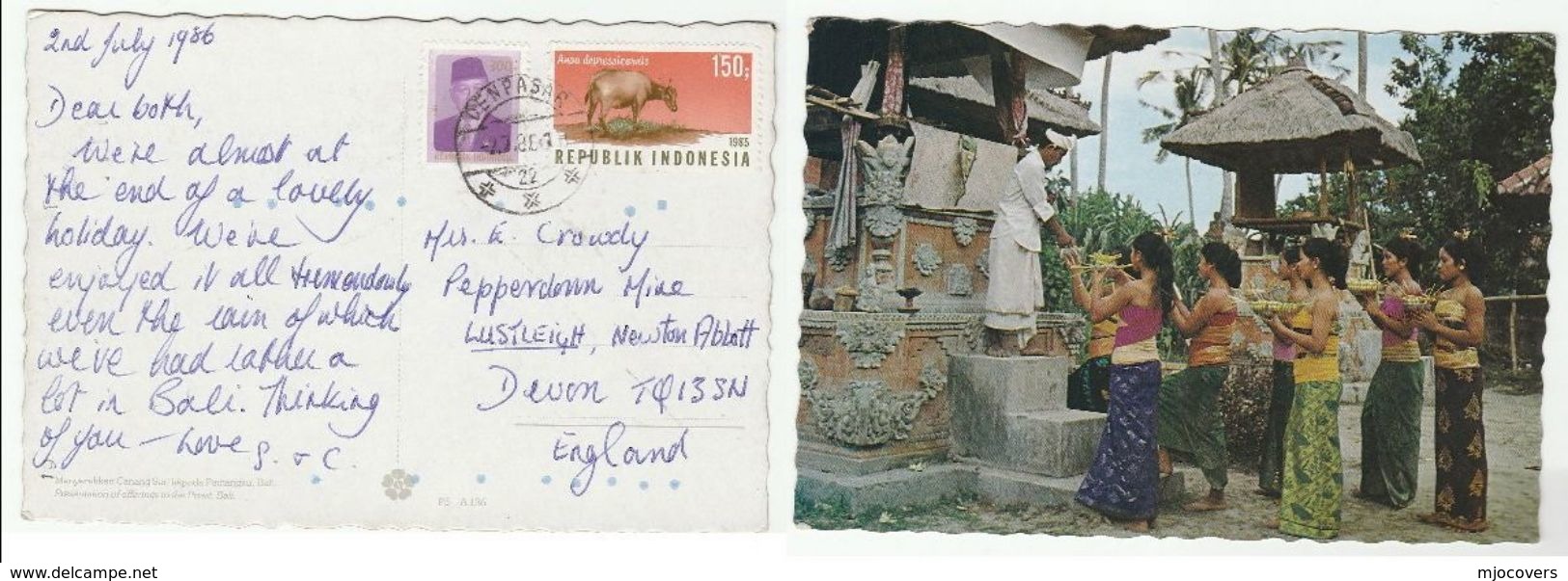1986  INDONESIA COVER Anoa Stamps (postcard Bali) - Indonesia