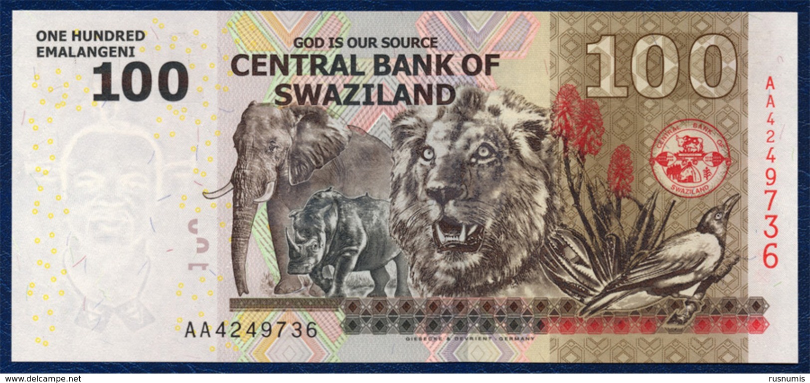 SWAZILAND 100 EMALANGENI P-39 FAUNA ANIMALS LION RHINO ELEPHANT BIRD 2010 UNC - Swasiland