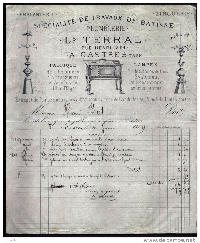 FACTURE OU LETTRE ANCIENNE DE CASTRES- 1869- PLOMBERIE- CUISINIERES- GIROUETTES-  BELLE ILLUSTRATION- 2 SCANS- - Autres & Non Classés