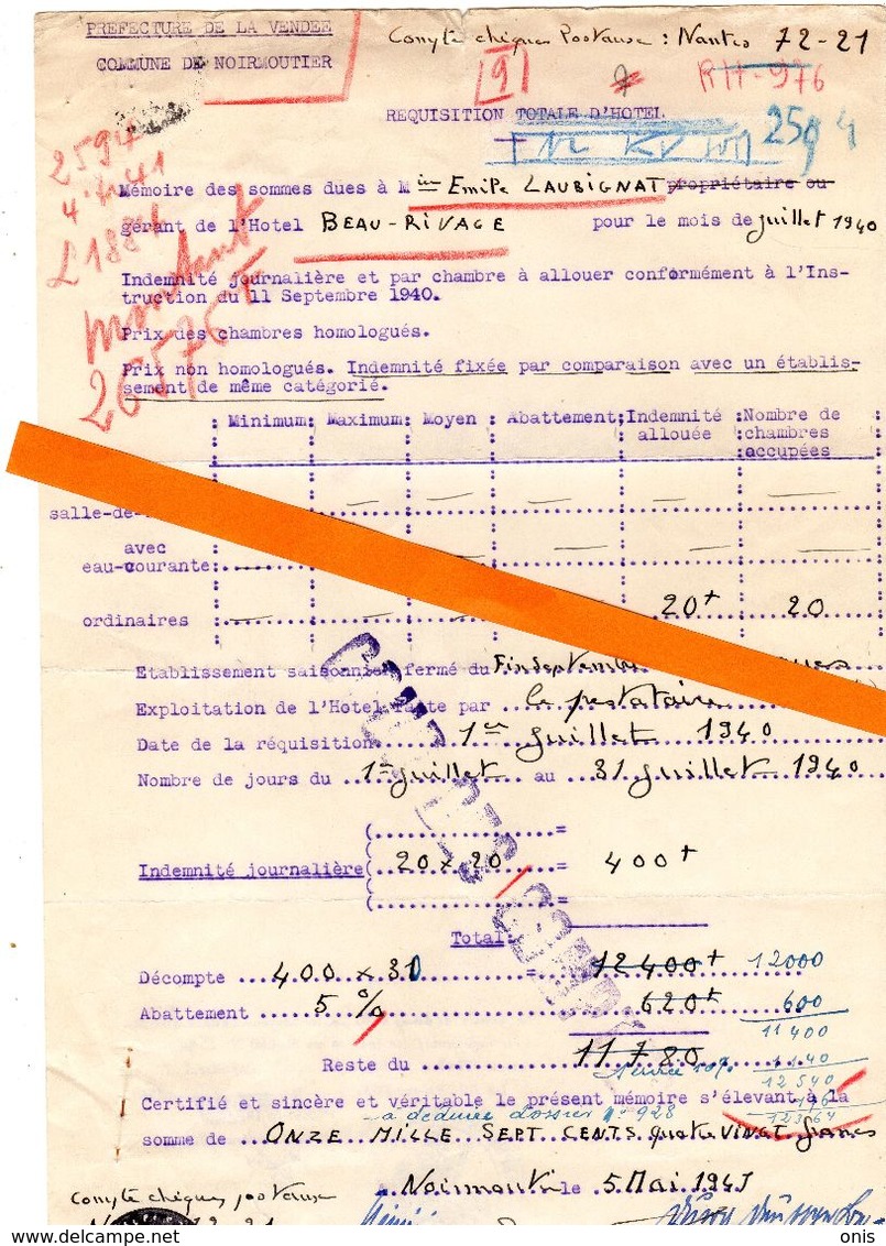 Militaria 39-45: Occupation Allemande-Noirmoutier(85): Réquisition De L' "Hôtrl Beau Rivage"-LAUBIGNAT-1940-facture. - 1939-45