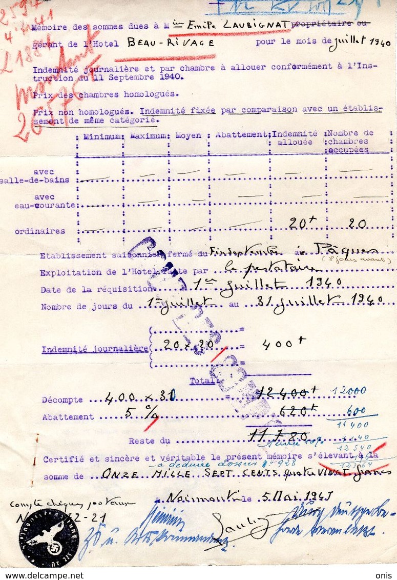 Militaria 39-45: Occupation Allemande-Noirmoutier(85): Réquisition De L' "Hôtrl Beau Rivage"-LAUBIGNAT-1940-facture. - 1939-45