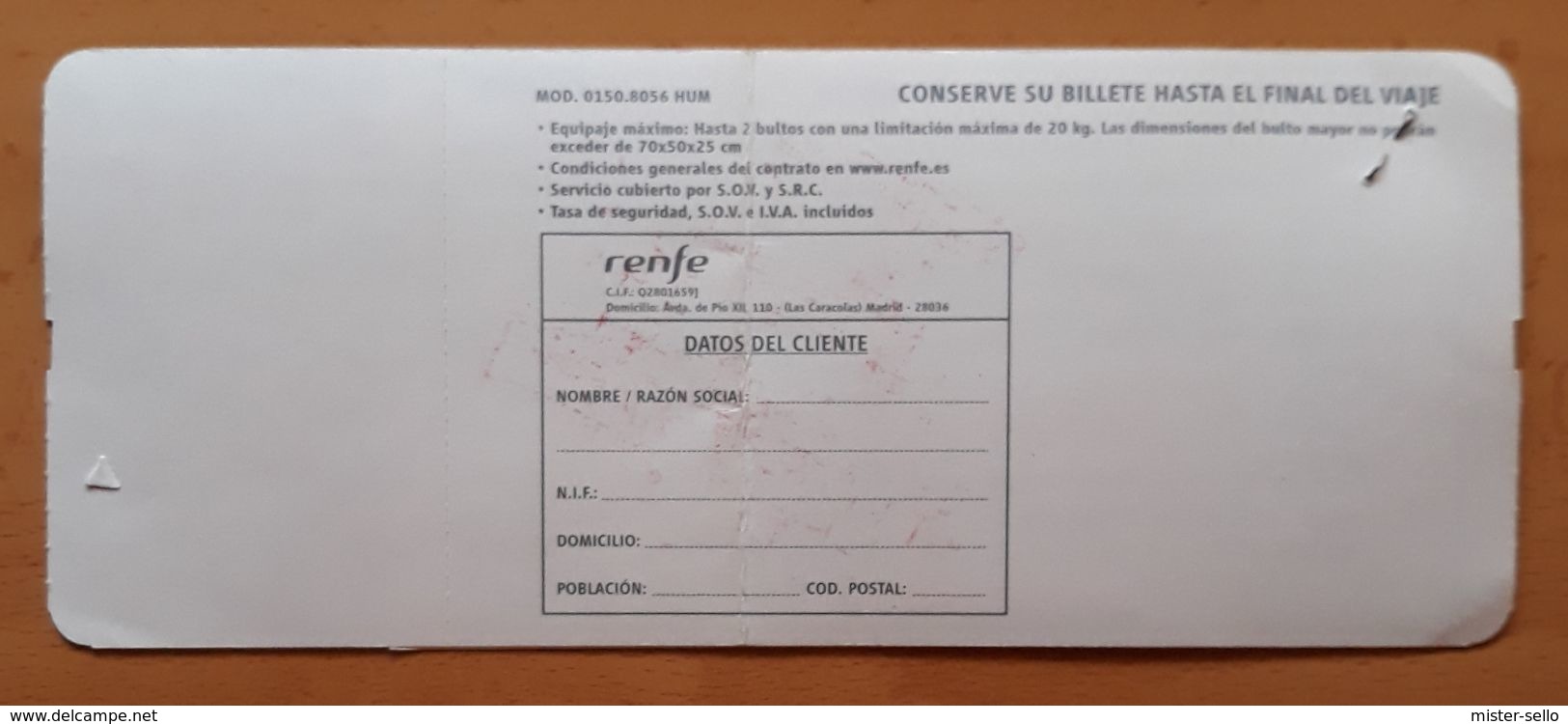 RENFE ESPAÑA. ZARAGOZA -VALENCIA. BILLETE DE IDA + BILLETE DE  VUELTA ADULTO. - Europe