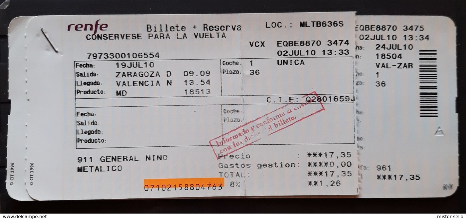 RENFE ESPAÑA. ZARAGOZA - VALENCIA. BILLETE DE IDA + BILLETE DE  VUELTA NIÑO. - Europa