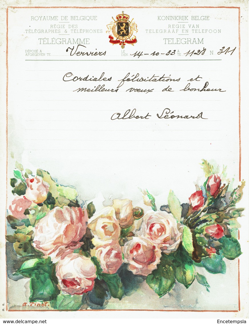 Télégramme En Couleur De 1933 De La Régie Des Télégraphes  & Téléphones De Belgique - Félicitation Pour Un Mariage(T59) - Wedding