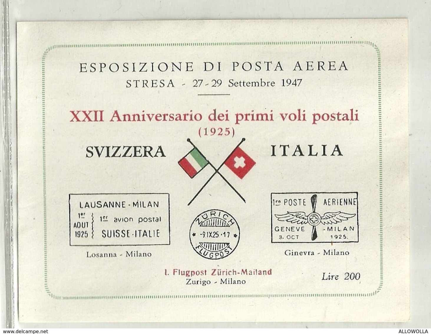 427 - "FOGLIETTO ERINNOFILO-ESPOS. DI POSTA AEREA-STRESA 27-29 SETT.1947 XXII ANN. PRIMI VOLI POSTALI "  NUOVO-GOMMATO - Erinnofilia