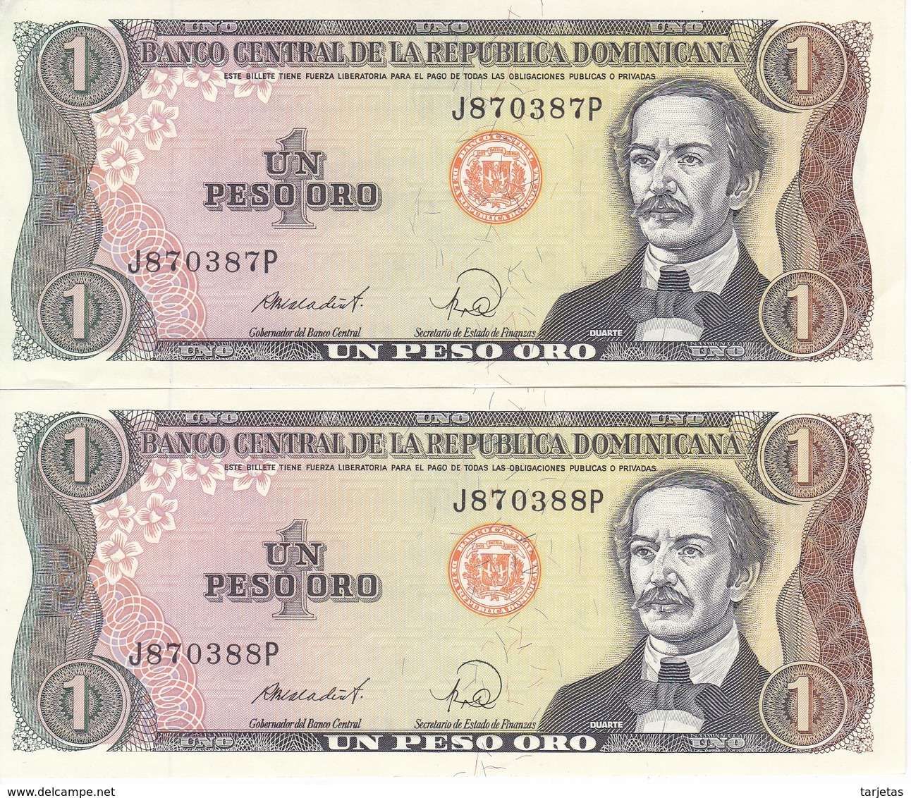 PAREJA CORRELATIVA DE LA REPUBLICA DOMINICANA DE 1 PESO ORO DEL AÑO 1988 EN CALIDAD EBC (XF) (BANKNOTE) - Repubblica Dominicana