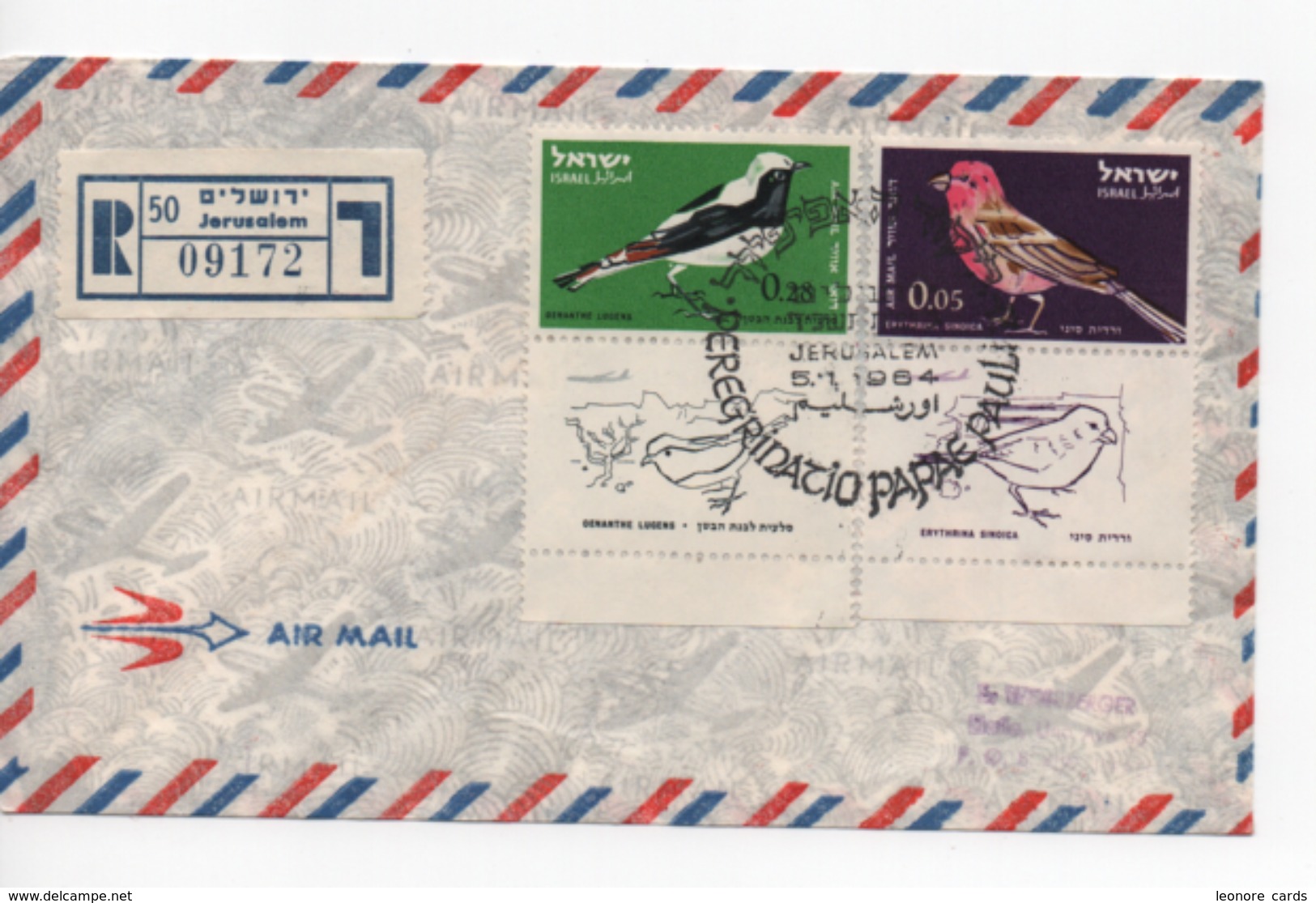 CPA.Timbres.Israel.registered Air Mail Stamps BIRDS Visite Pape Paul Vi - 5.1.1964 - Poste Aérienne