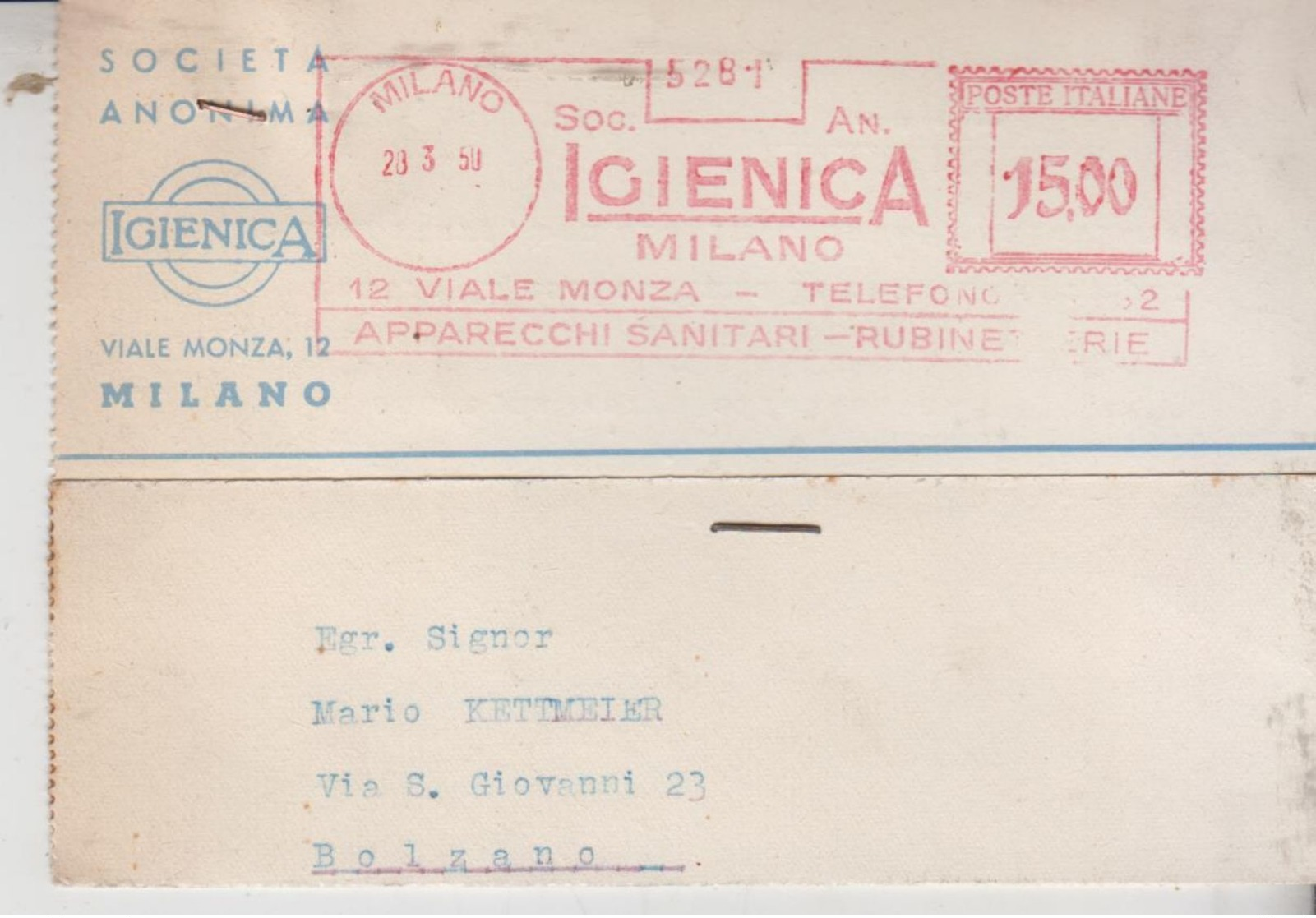 EMA AFFRANCATURE MECCANICHE ROSSE TIMBRO ROSSO SOC. IGIENICA 1950 MILANO - Máquinas Franqueo (EMA)