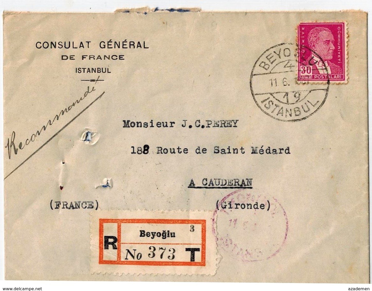 Lettre De BEYOGLU Pour La France 1937 - Covers & Documents