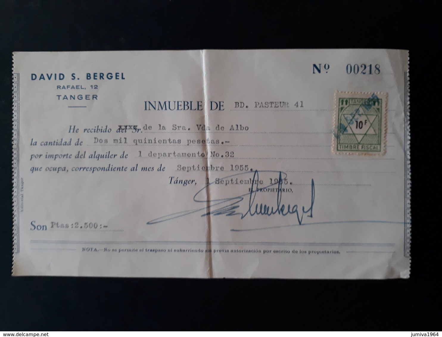 Maroc Espagnol - Marruecos - Tanger 1955 - Recibo De Alquiler (loyer) - Lote N° 2 - Spanish Morocco