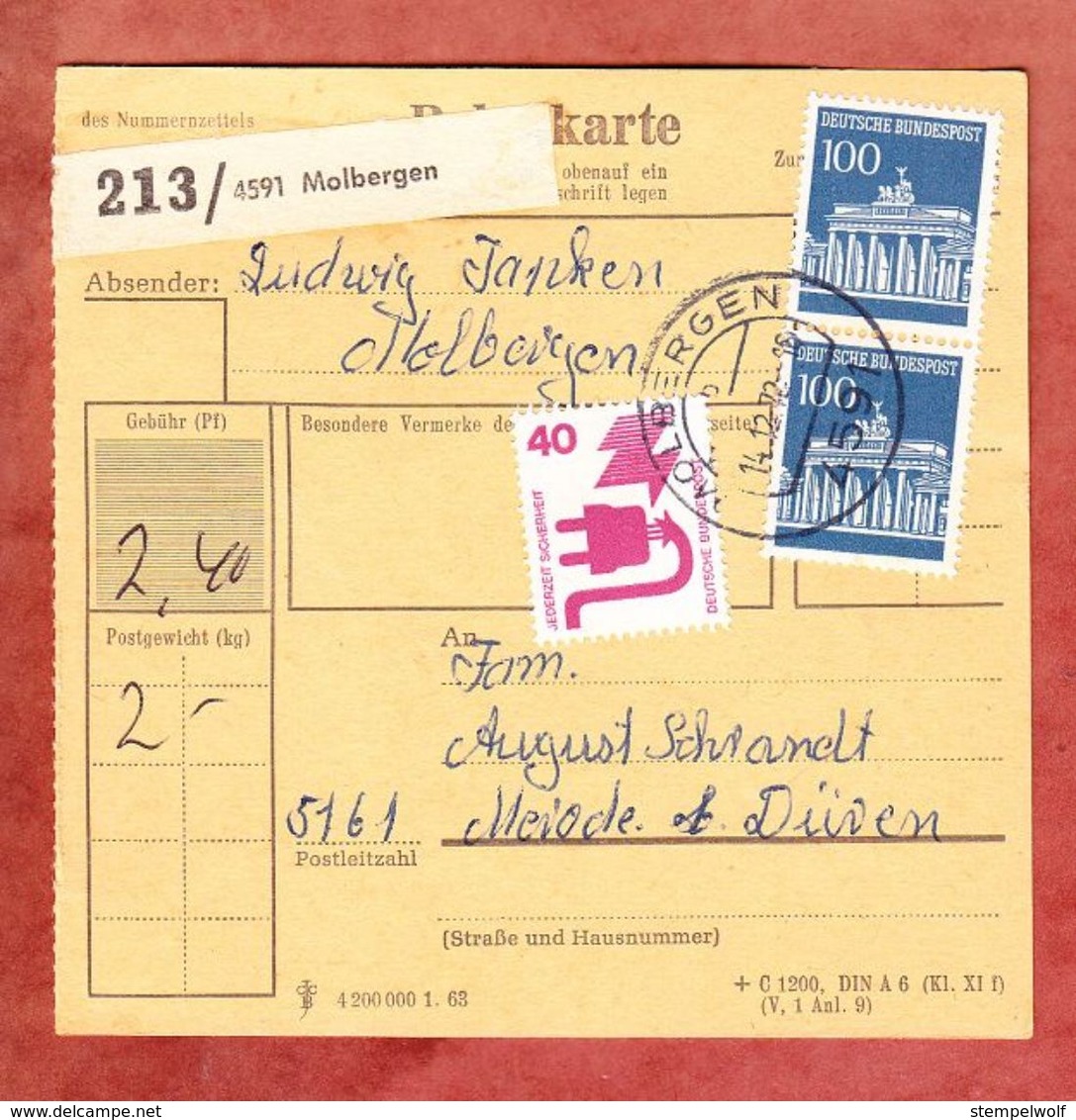 Paketkartenteil, MiF Brandenburger Tor + Unfallverhuetung, Molbergen Nach Merode 1972 (45820) - Storia Postale