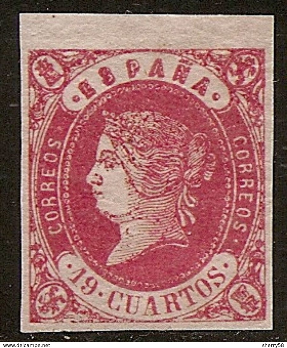 1862-ED. 60 ISABEL II 19 CUARTOS ROSA S. GRIS - BORDE DE HOJA -LUJO- MAGNIFICO COLOR -CERTIFICADO COMEX NUEVO MH - - Neufs