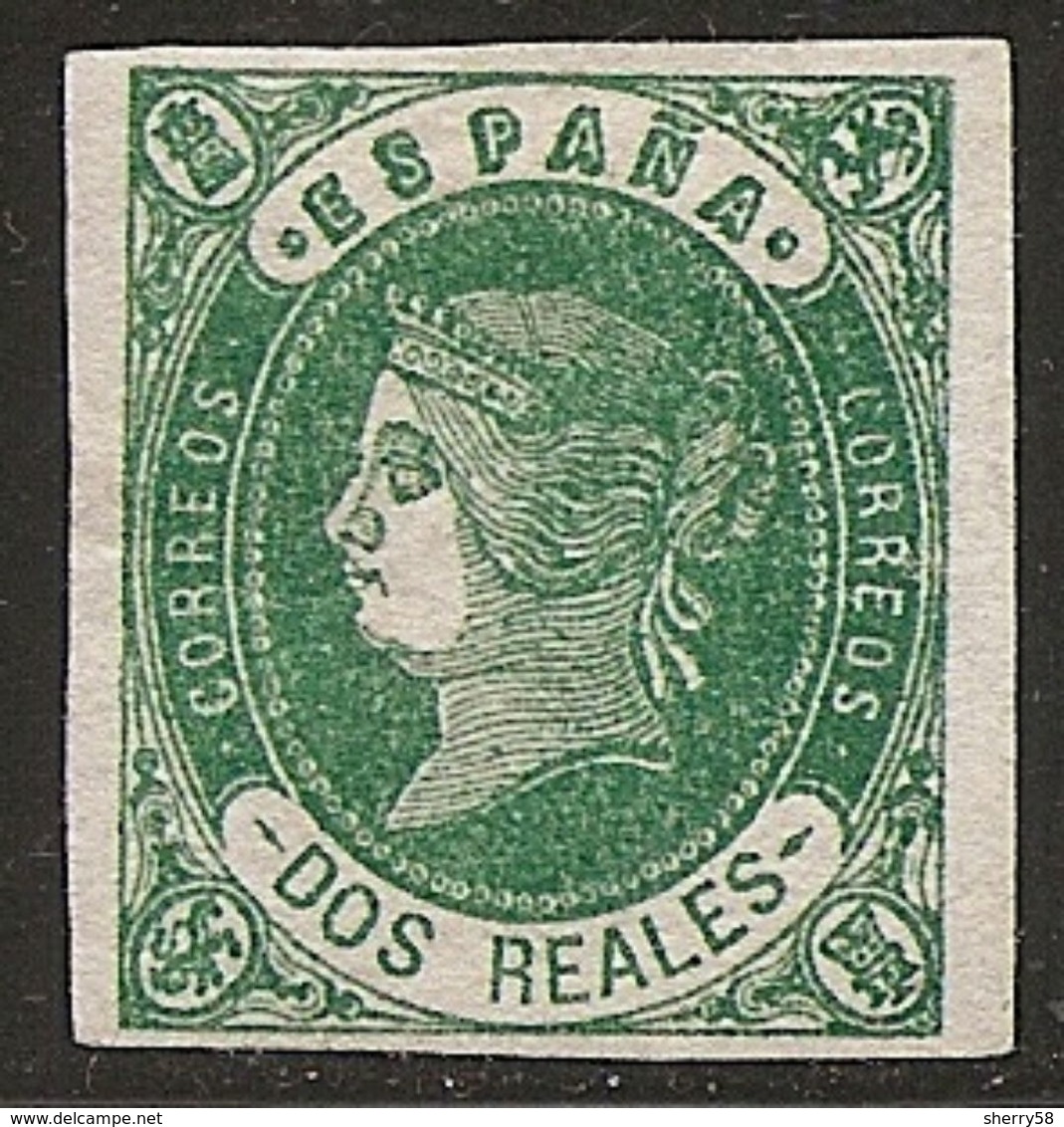 1862-ED. 62 ISABEL II 2 REALES VERDE SOBRE ROSA - NUEVO-MH-BORDE DE HOJA- LUJO - Postfris – Scharnier